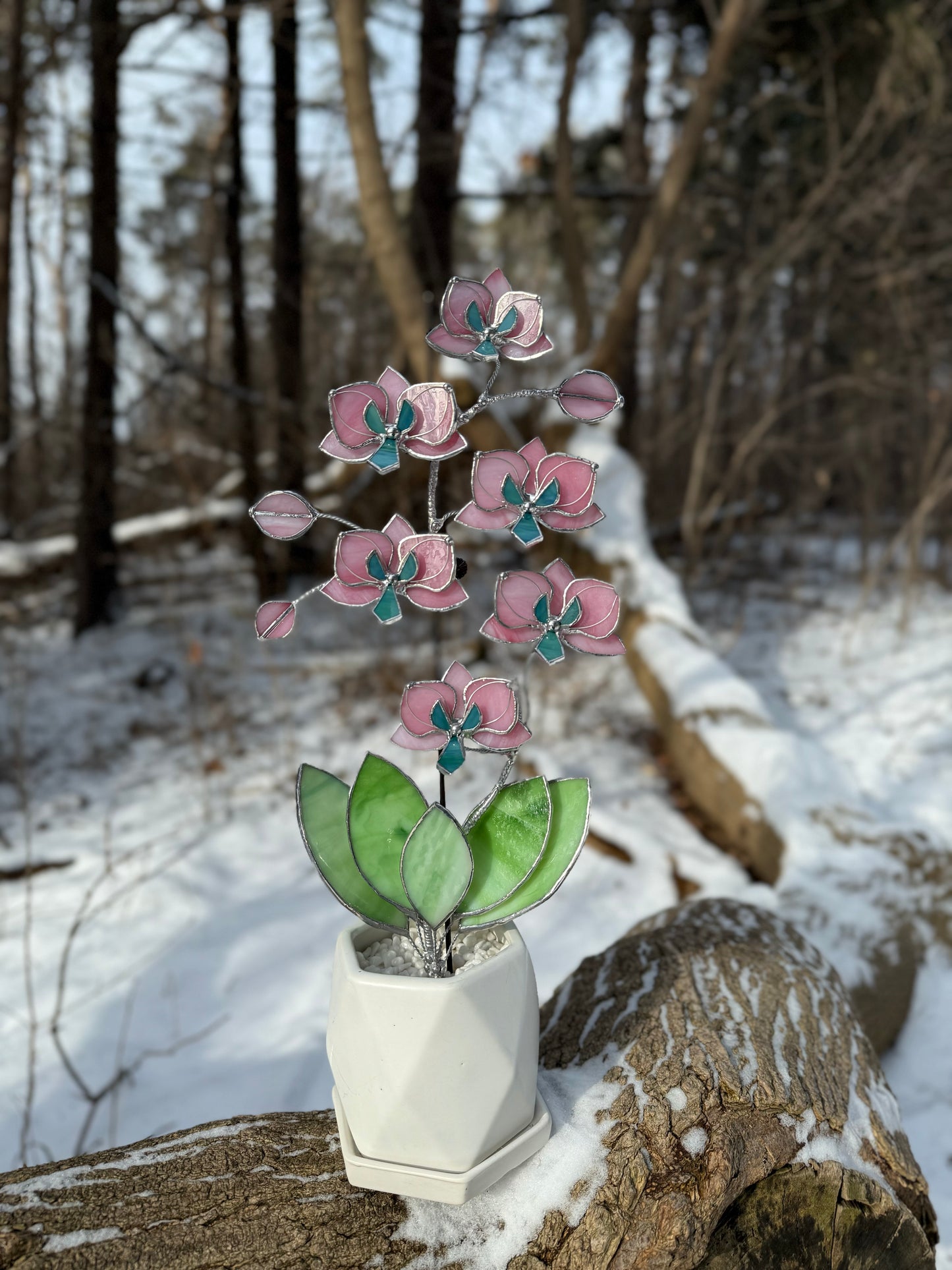 " . Bright Pink Orchid 6 flowers with pot" 2025 design, Stained glass tropical flower 3D, Sun catcher, Table plant, Garden stick, wedding decor, Christmas gift, available