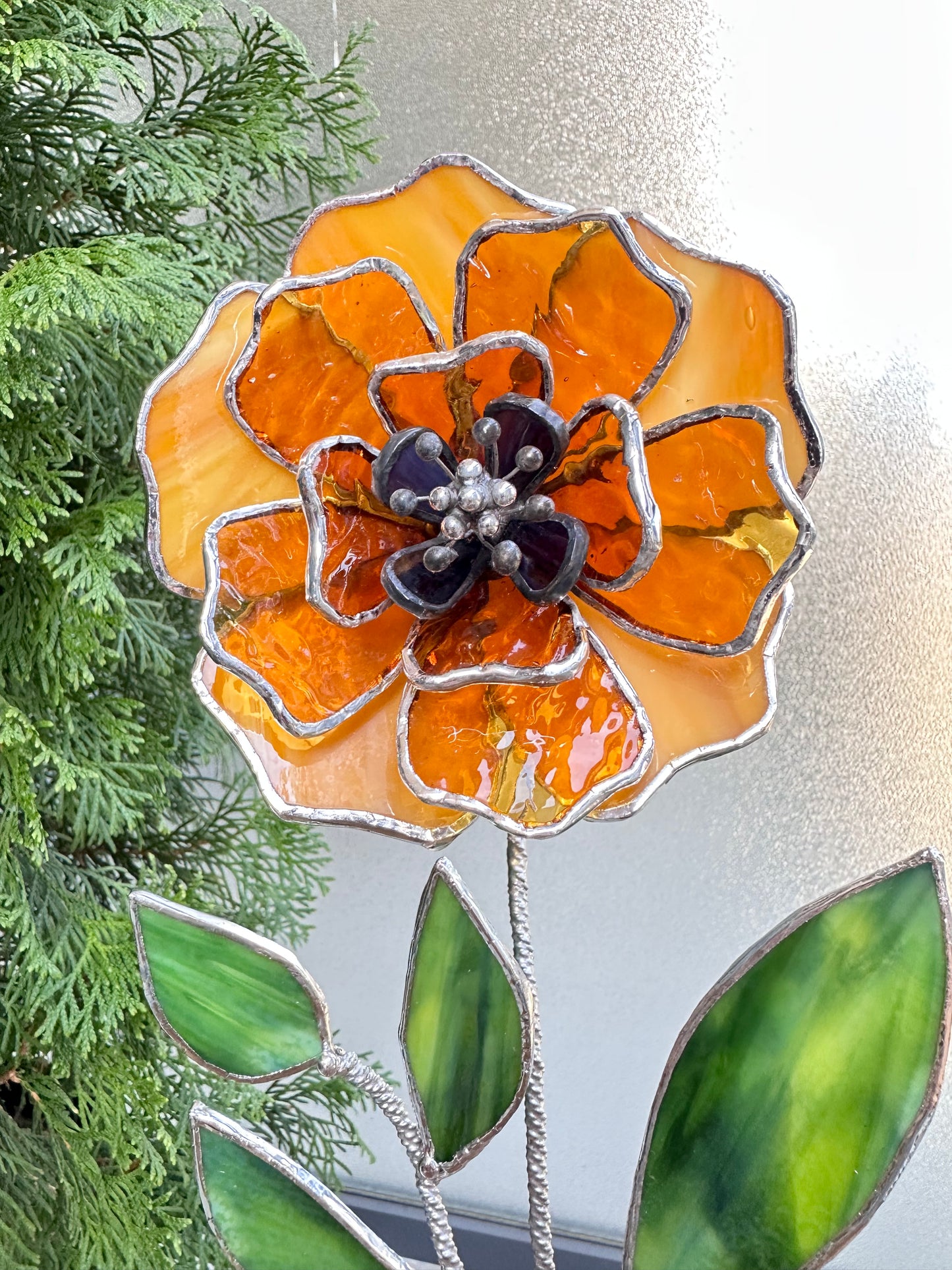 " . Amber Peony Stained glass flower, tropical 3D Sun catcher, Table plant decor, wedding gift
