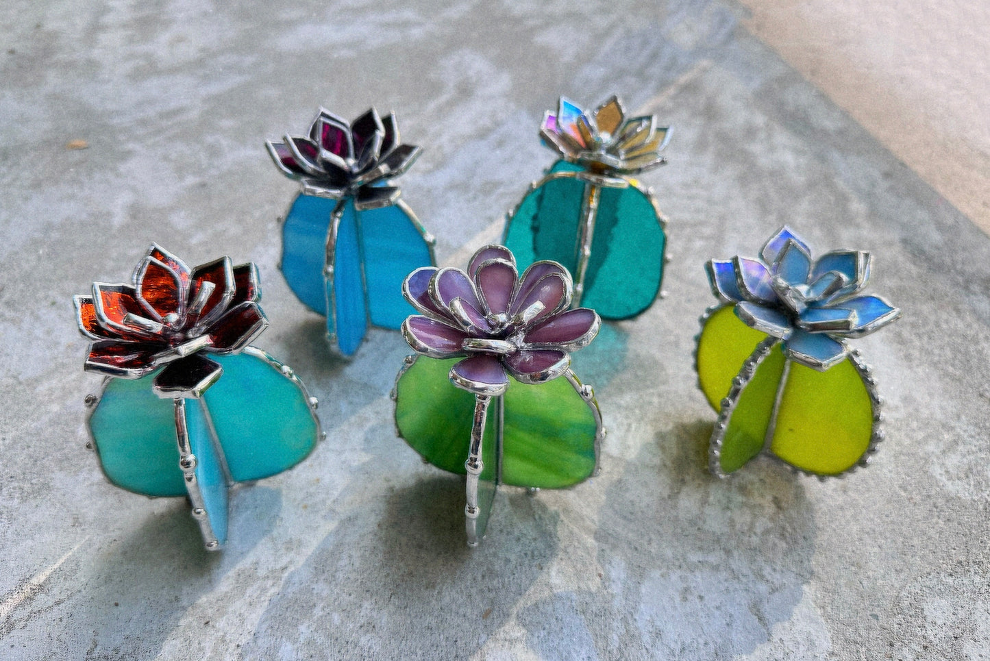 "Cactus XL Purple Green Iridescent Luminescent", Stained glass, Succulent 3D Cacti house plant for flower pot Sun catcher glass art wedding