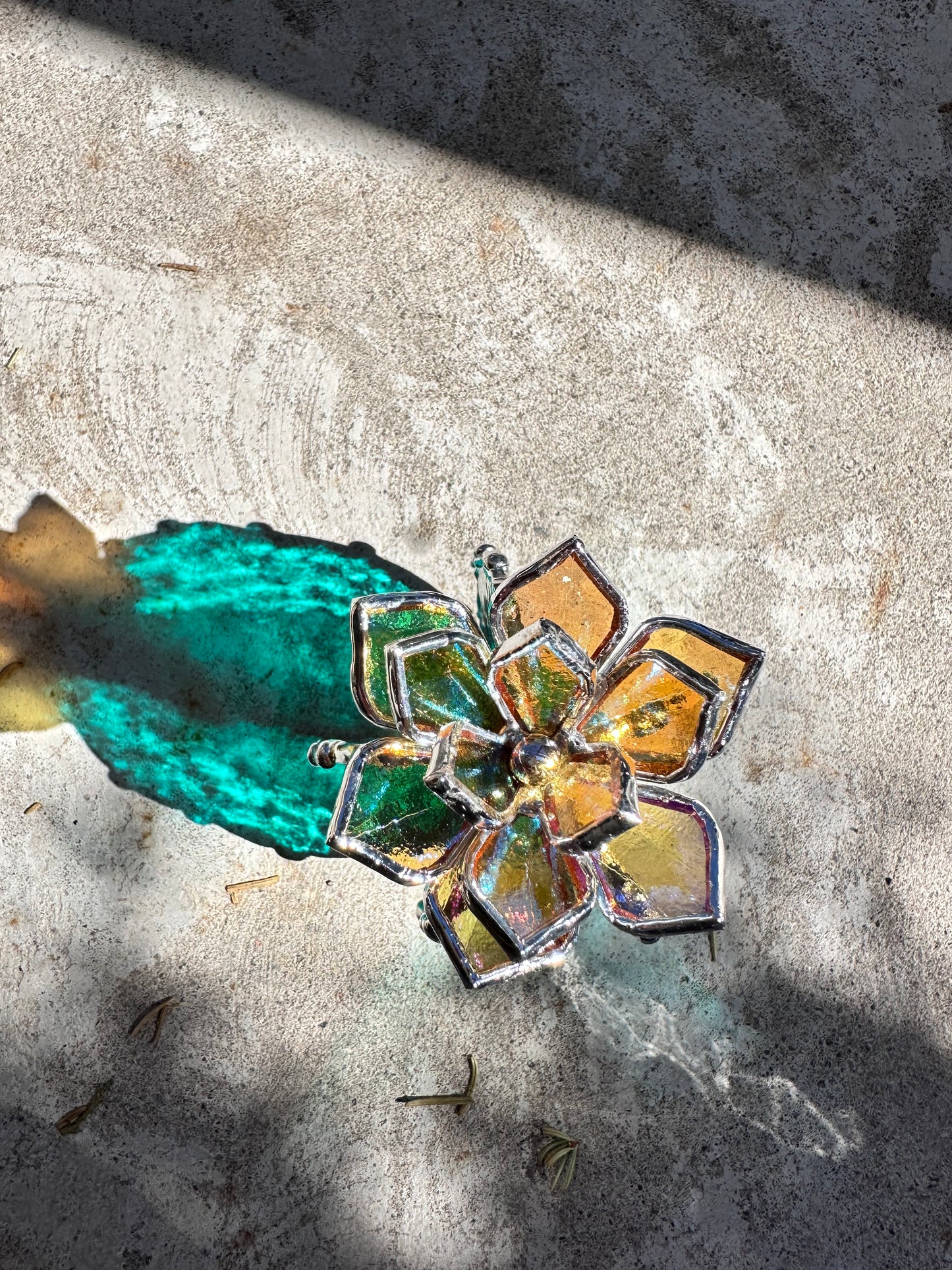 "Cactus turquoise & yellow iridescent" Stained glass Succulent 3D design, house plant for flower pot, Sun catcher, glass art, wedding decor
