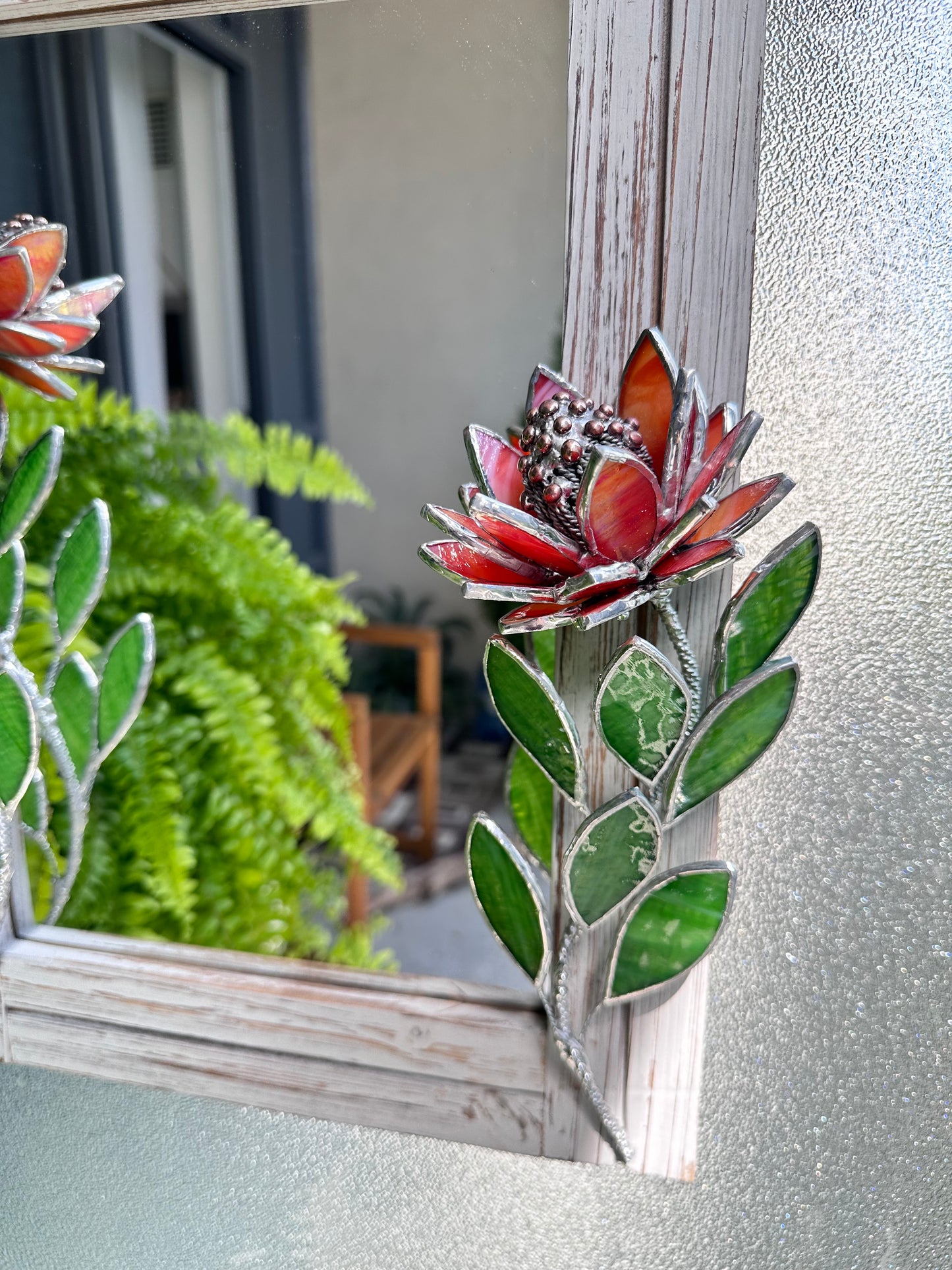 " . Red iridescent Protea Flower Mirror, Stained glass Wedding Wall Decor, Christmas gift, Suncatcher, available sale