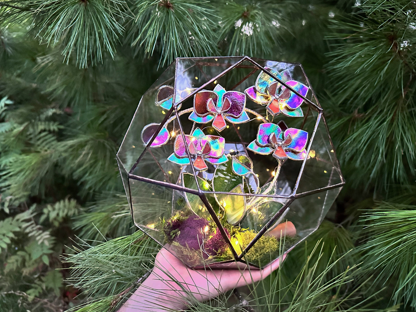 " . Geometric glass 3D terrarium Sphere with stained glass iridescent orchid. Wedding glass decor, Mother’s Day gift, glass art, suncatcher, succulents, cacti