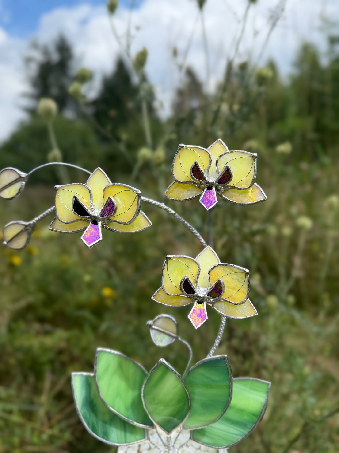 " . Lemon yellow iridescent Orchid 3 flowers with pot” Stained glass tropical flower 3D, Sun catcher, Table plant, Garden stick, Outdoor and gardening decor