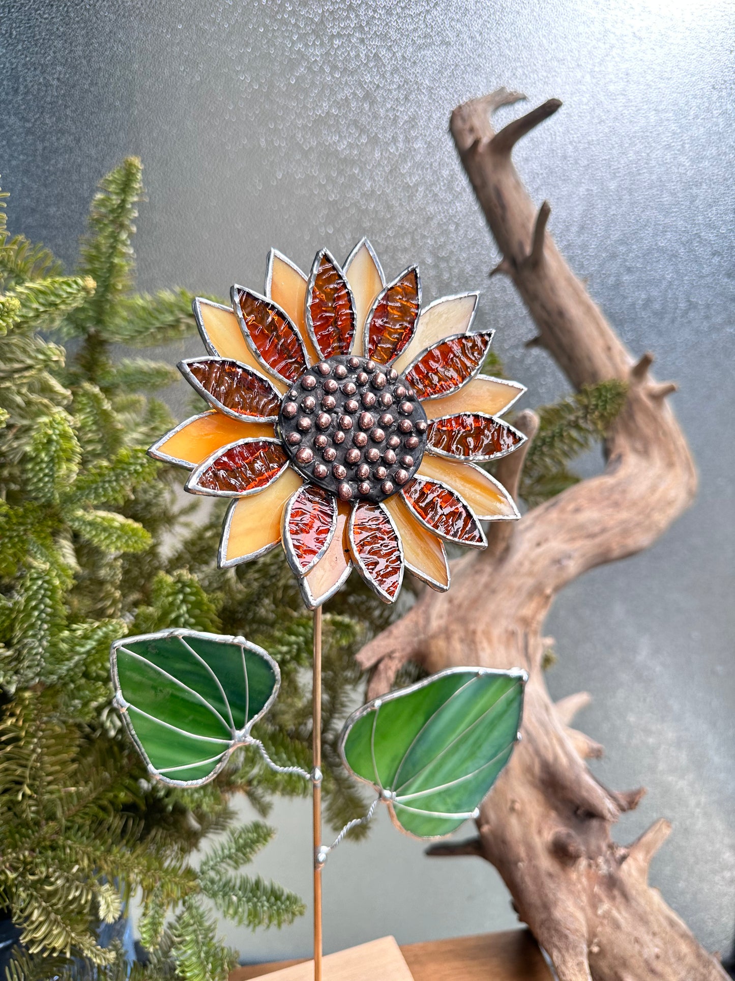 ".Sunflower Dark Amber", stained glass tropical flower 3D, Sun catcher, Table plant decor, Garden stake, Outdoor and gardening, wedding Christmas gift