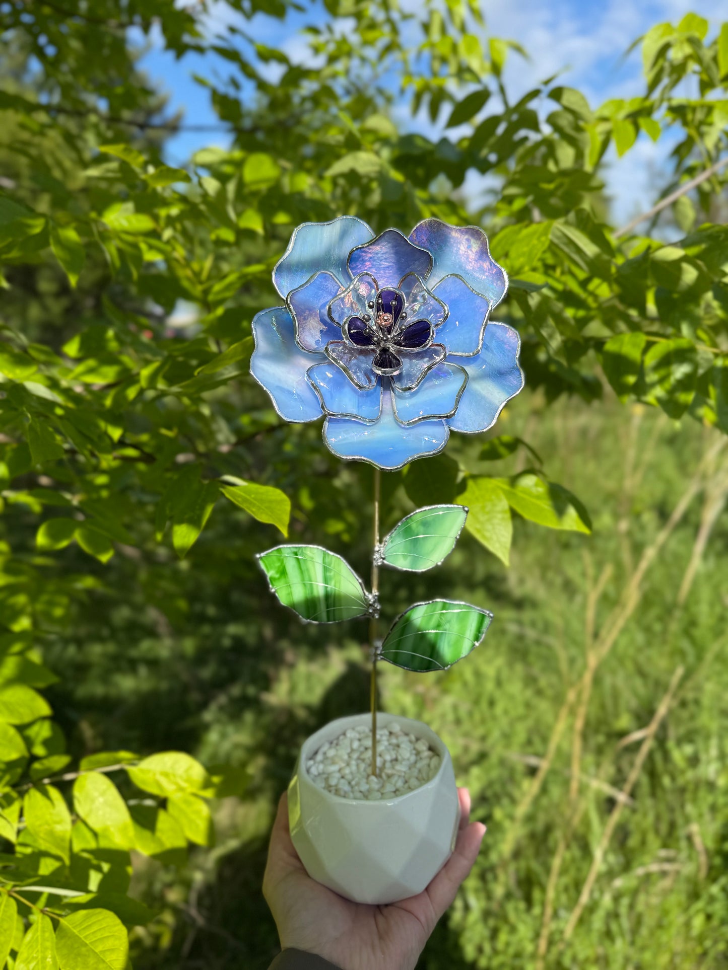 " . Blue lavender Peony Iridescent" Stained glass tropical flower 3D, Sun catcher, Table plant, Garden stake, wedding decor, Christmas gift, available new