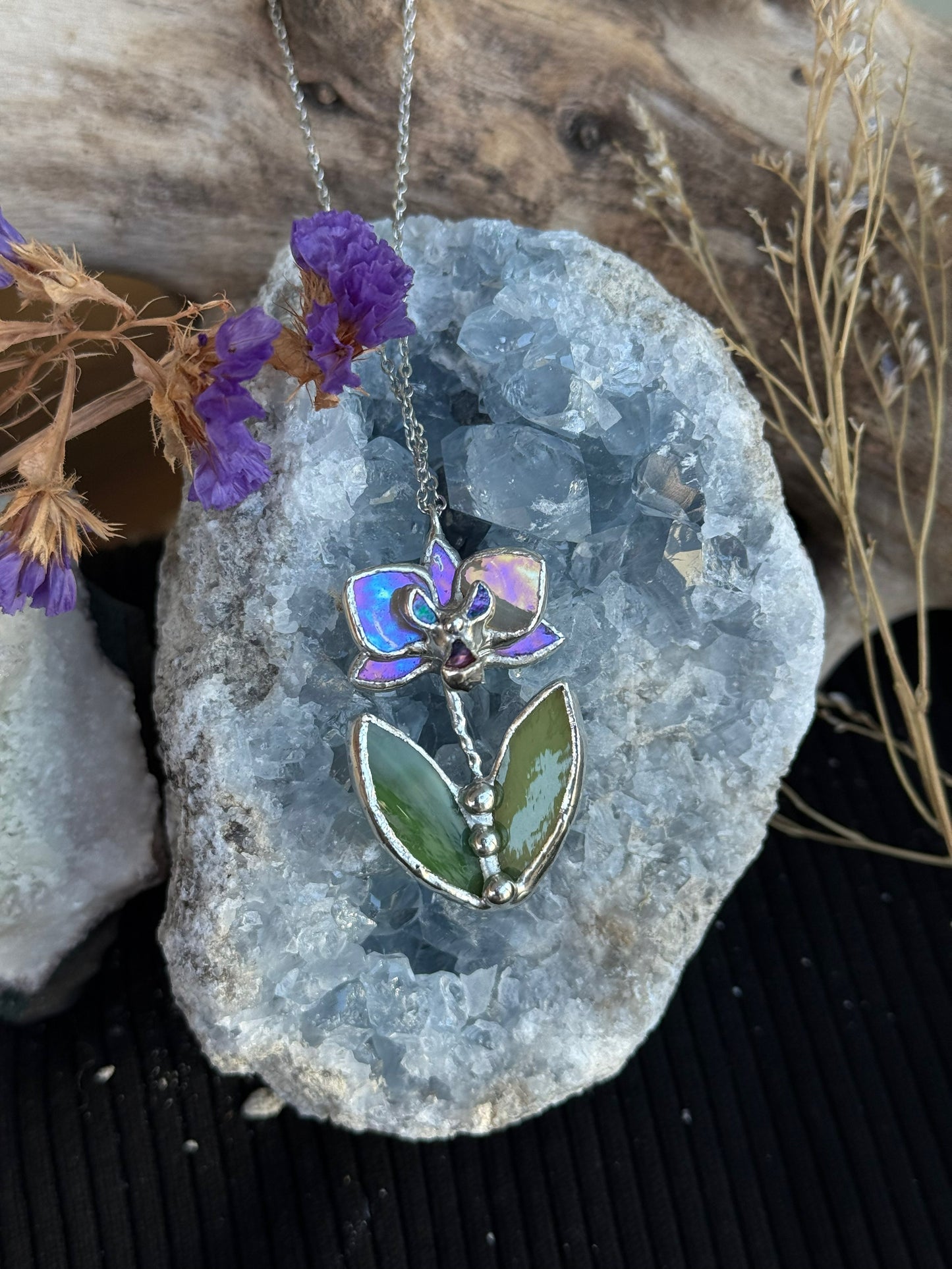 " . CHOOSE COLOR “NECKLACE OR BROOCH orchid flower with leaves” Stained glass tropical flower 3D, art jewelry