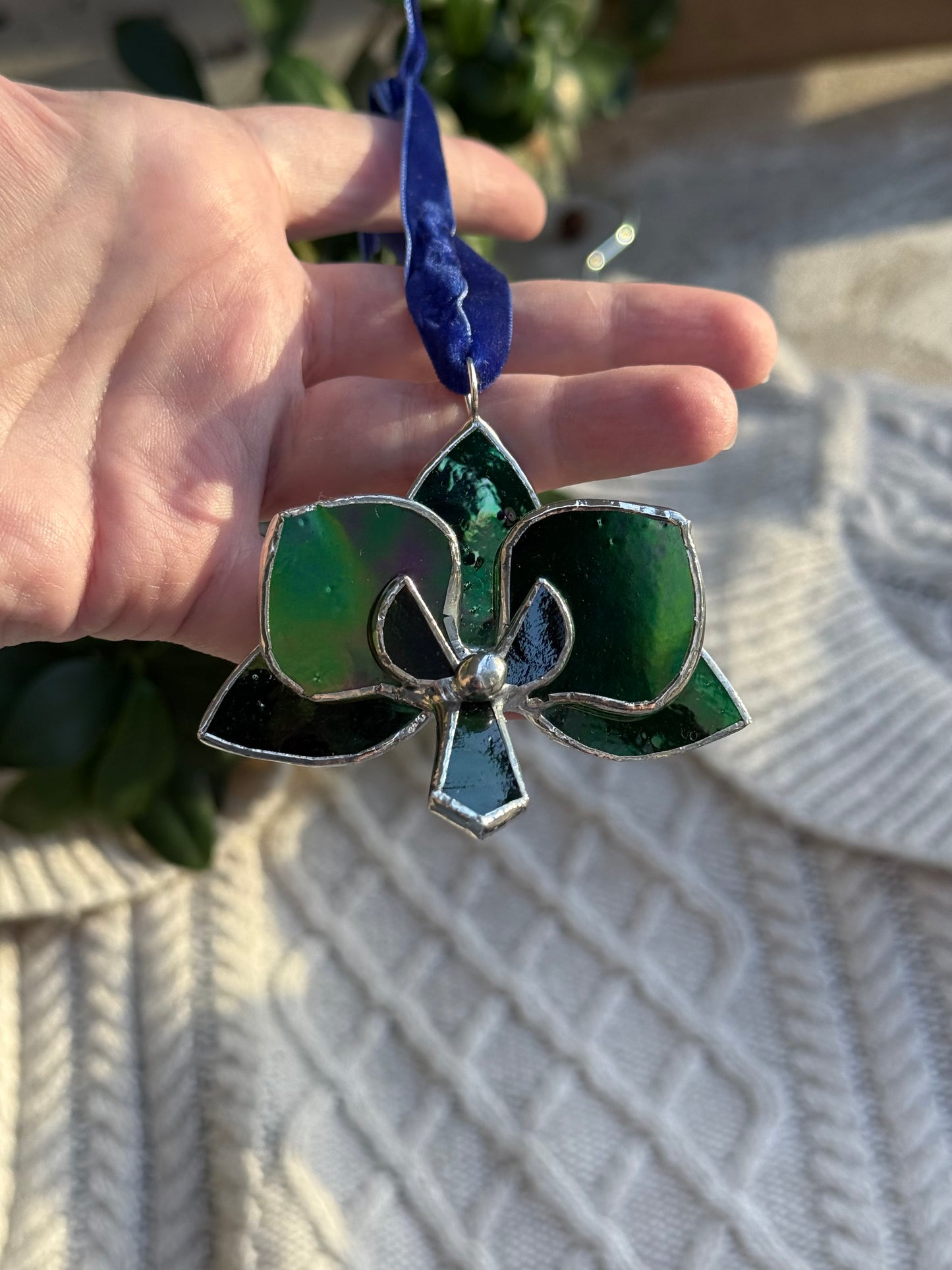 " . Orchid flower Green luminescent, Stained glass Decorative ORNAMENT, Christmas decoration, Suncatcher