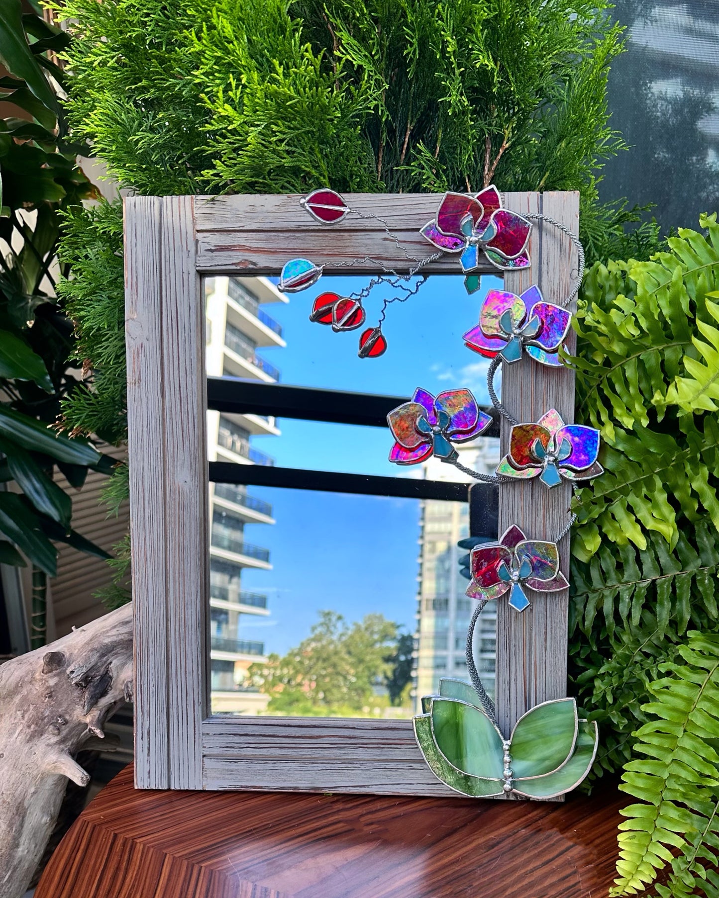 ". Blooming Orchid Red iridescent" Stained glass flower Mirror, Wall decor, Wedding, Christmas gift