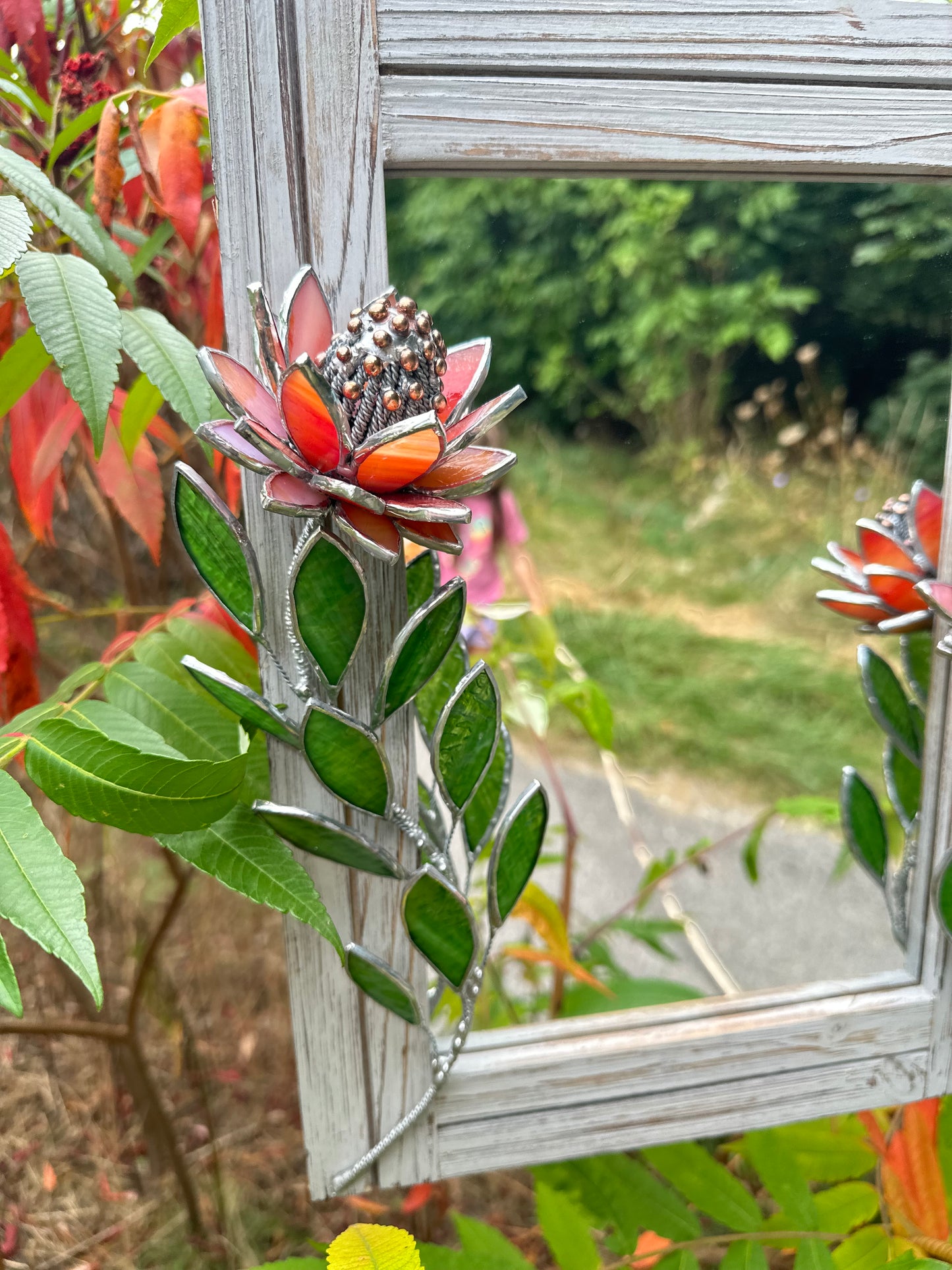 " . Red iridescent Protea Flower Mirror, Stained glass Wedding Wall Decor, Christmas gift, Suncatcher, available sale