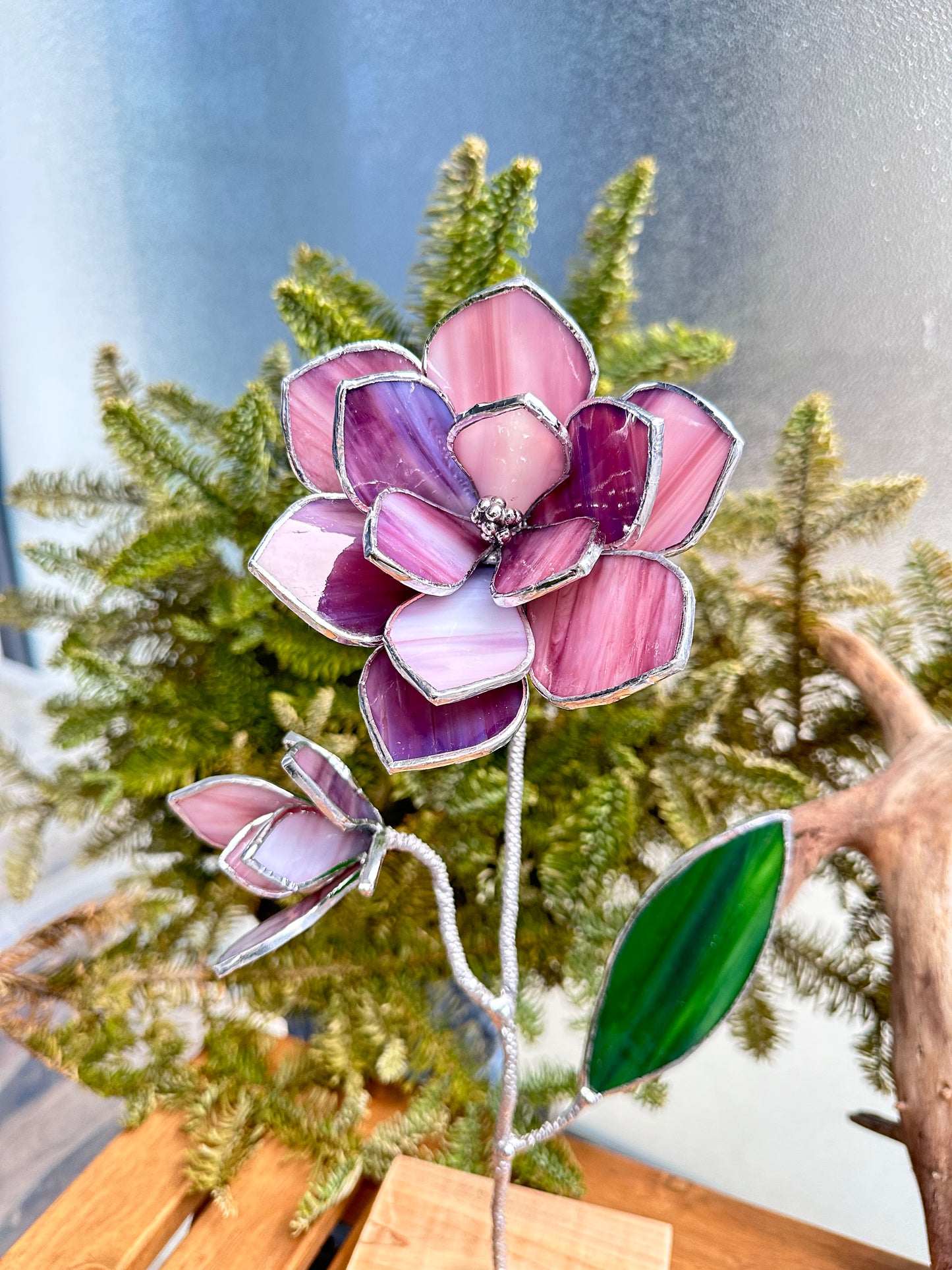 ". Magnolia Pink-Purple flower with a bud" Stained glass tropical 3D, Sun catcher, Table plant decor, Garden stake, wedding decor, Christmas gift, pot