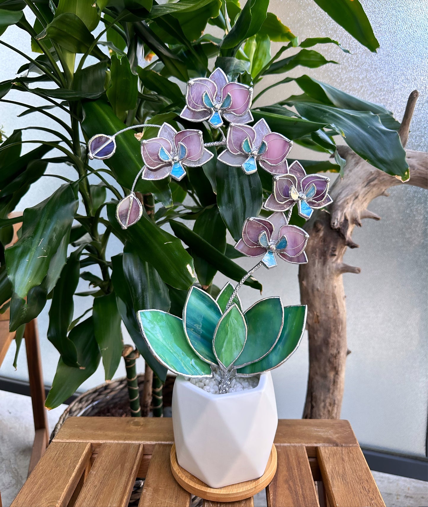" . Dusty Rose translucent Orchid 5 flowers with pot" Stained glass tropical flower 3D, Sun catcher, Table plant, Garden stick, wedding decor, Christmas gift