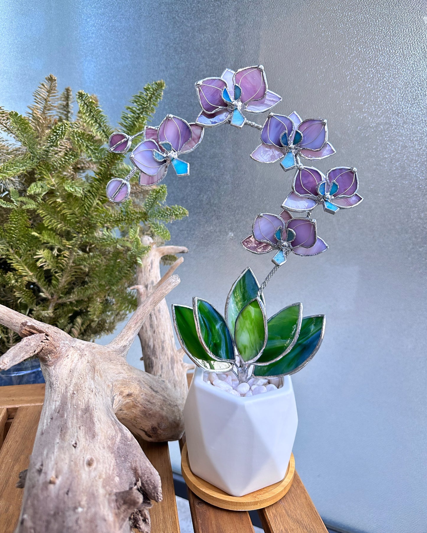 " . Dusty Rose translucent Orchid 5 flowers with pot" Stained glass tropical flower 3D, Sun catcher, Table plant, Garden stick, wedding decor, Christmas gift