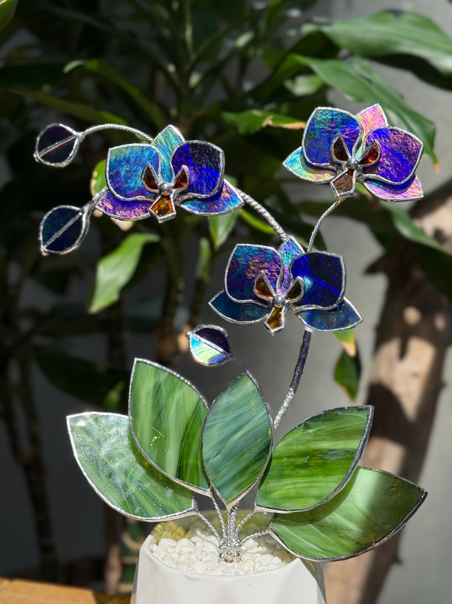 " . Indigo iridescent Orchid 3 flowers with pot” Stained glass tropical flower 3D, Sun catcher, Table plant, Garden stick, Outdoor and gardening decor