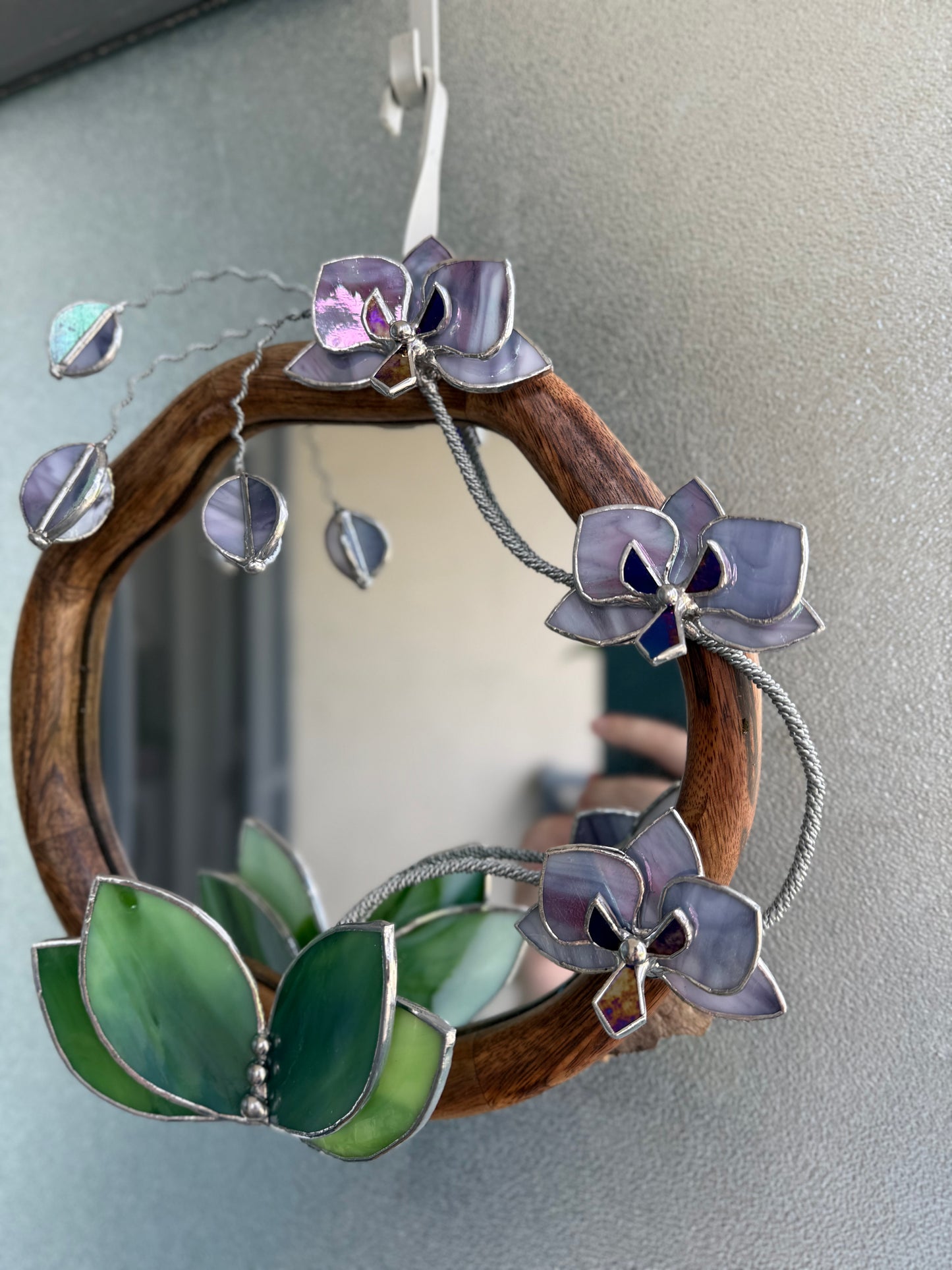 " . Amethyst & Lilac luminescent Orchid Mirror”, Stained glass flower Wall decor, Suncatcher, Home wedding Decor, Christmas gift available new
