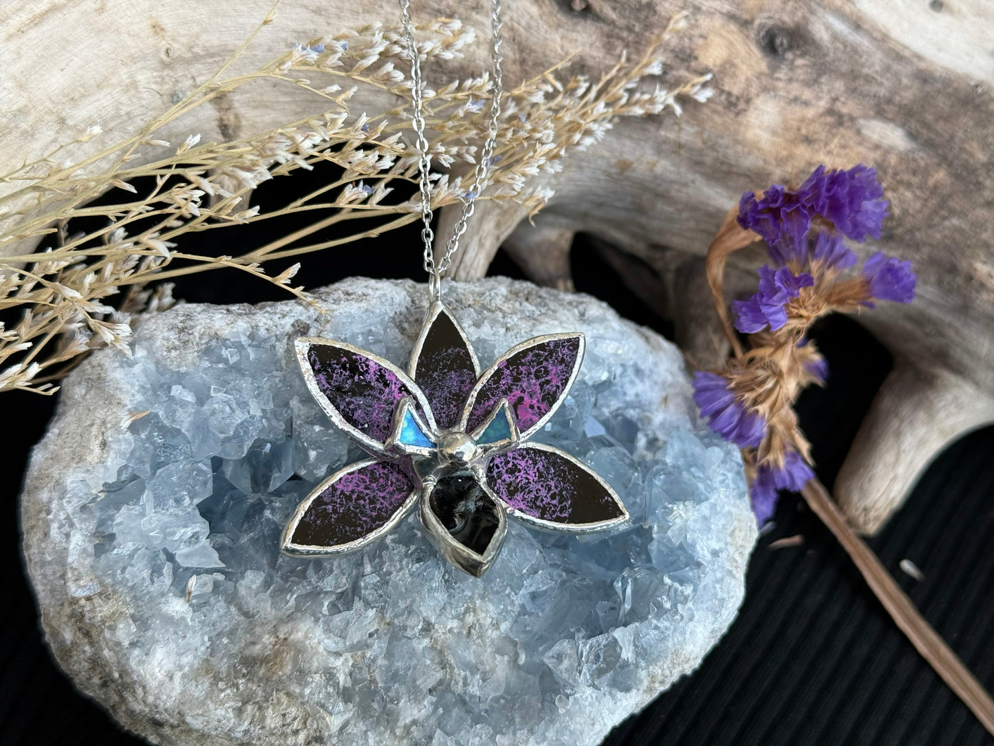 " . Preorder Necklace Tropical Orchid Black tiger” Stained glass tropical flower 3D, art jewelry