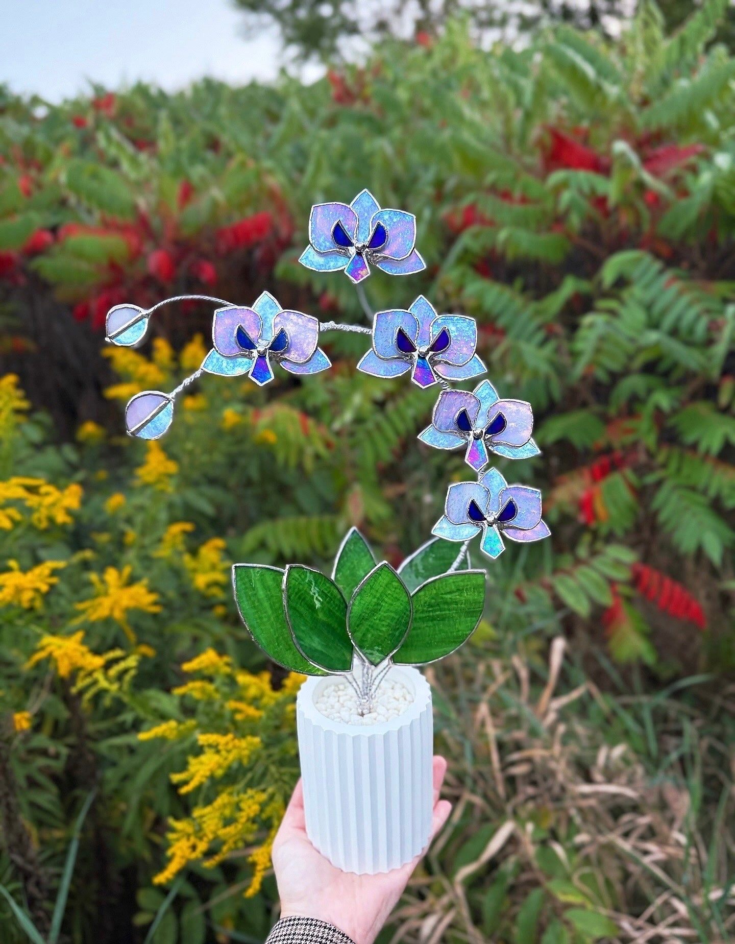 " .  Lavender iridescent Orchid 5 flowers with pot" Stained glass tropical flower 3D, Sun catcher, Table plant