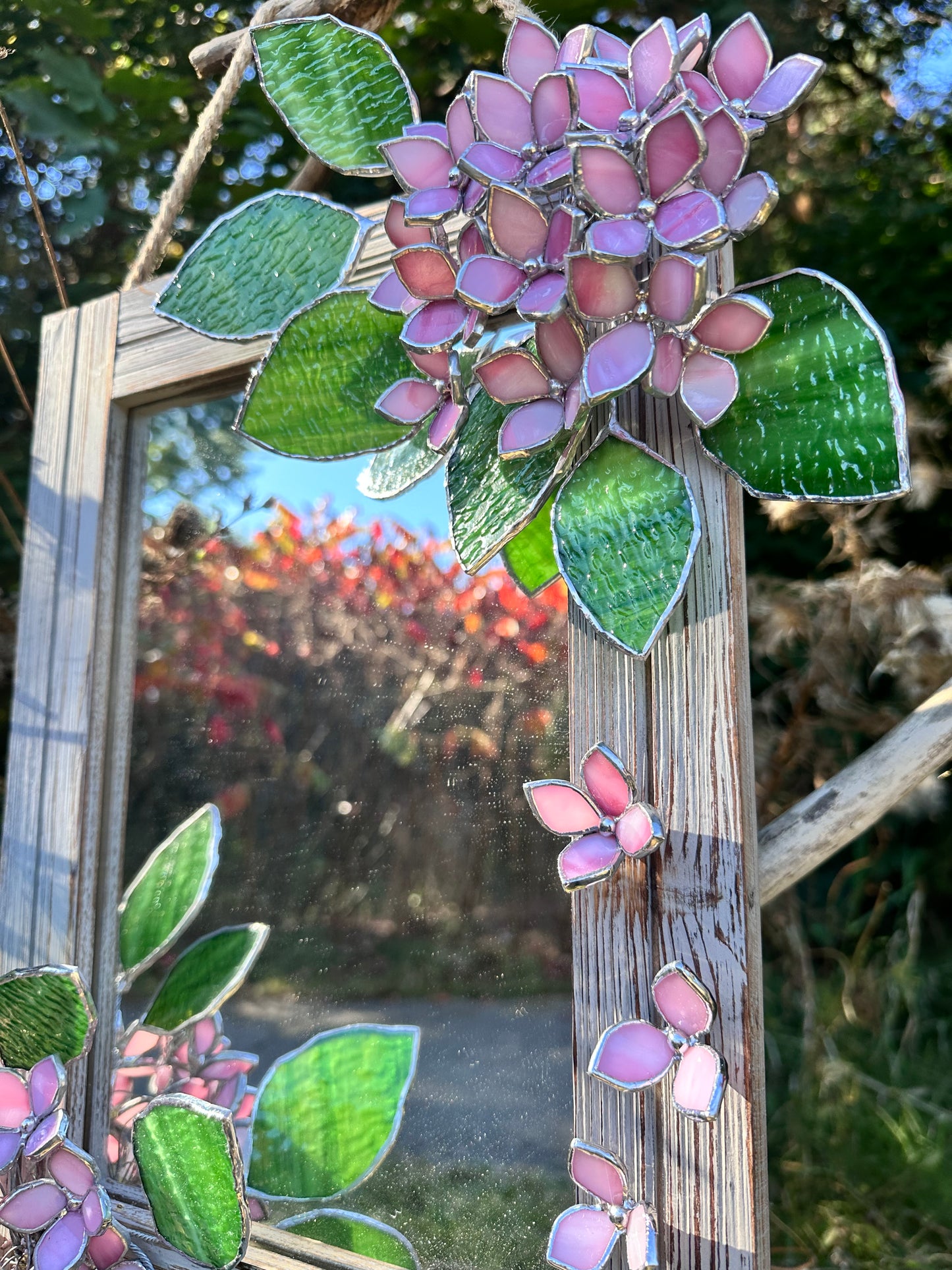 " . Pink Hydrangea Flower Mirror , Stained glass Wedding Wall Decor, Christmas gift, Suncatcher, available