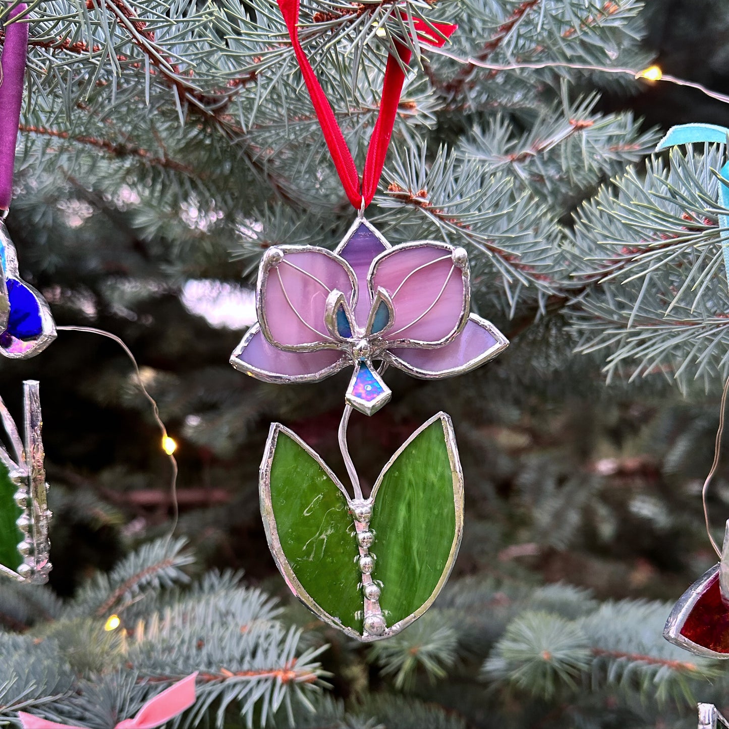 Christmas tree ornaments Orchid with leafs. Mix of 3, 5. Wall window decor, Stained glass Holiday decorations lights