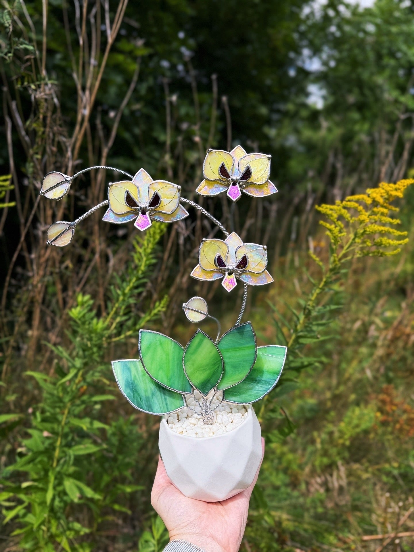" . Lemon yellow iridescent Orchid 3 flowers with pot” Stained glass tropical flower 3D, Sun catcher, Table plant, Garden stick, Outdoor and gardening decor
