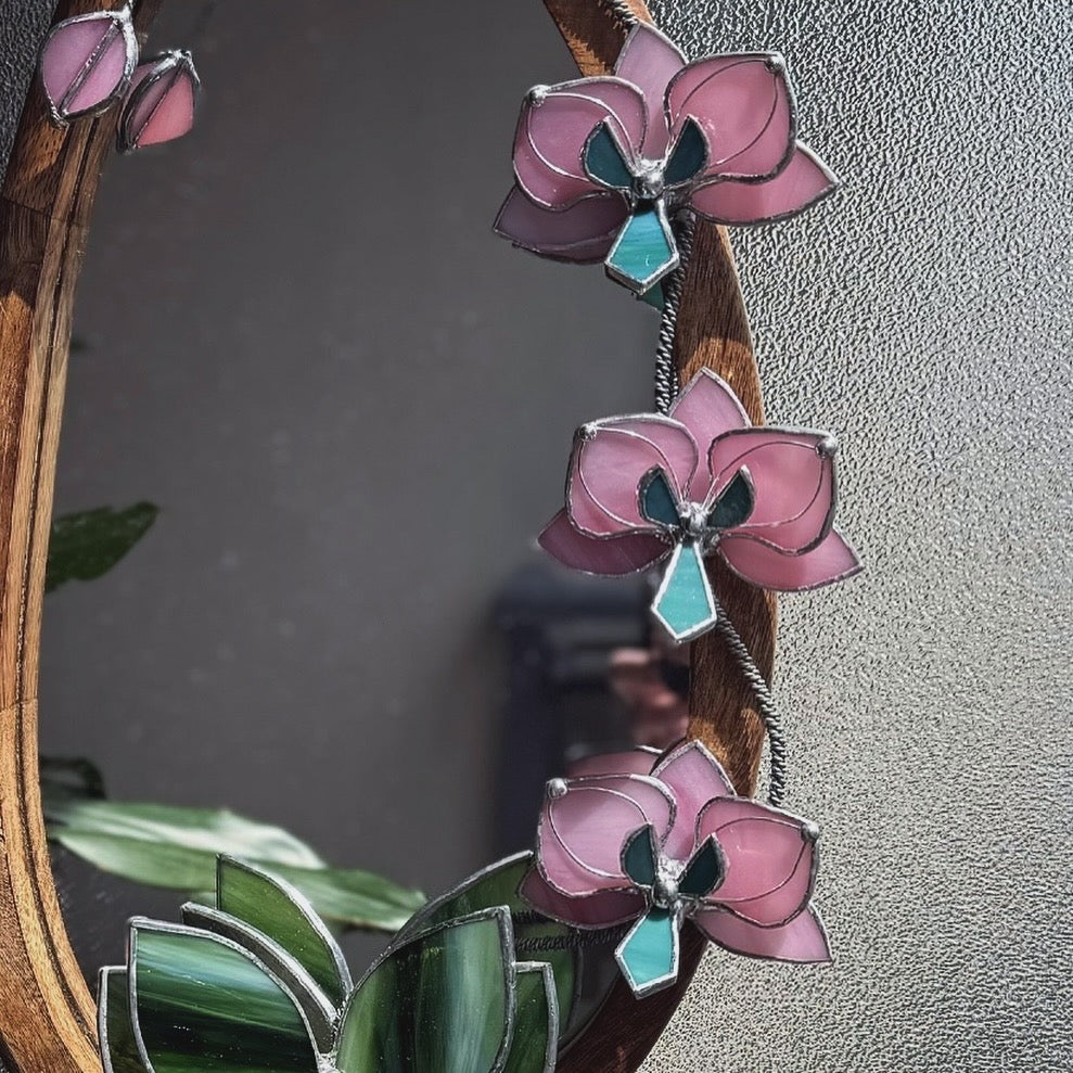 " . Bright Pink Orchid Mirror”, Stained glass flower Wall decor, Suncatcher, Home wedding Decor, Christmas gift, available