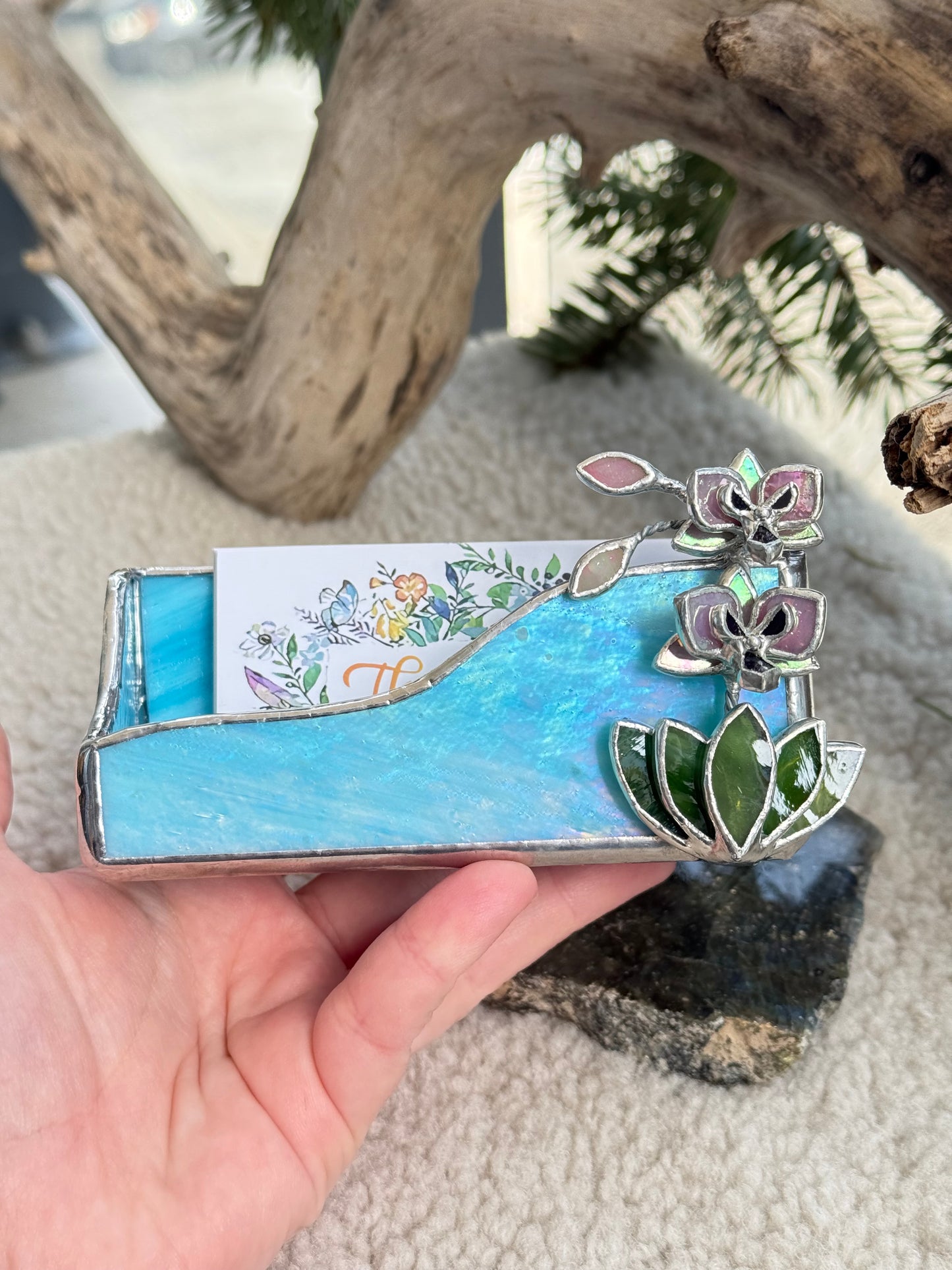 " . CHOOSE COLOR Business Card Holder with orchid”, stained glass art, floral decor, wedding decorations, interior, Mother’s Day gift
