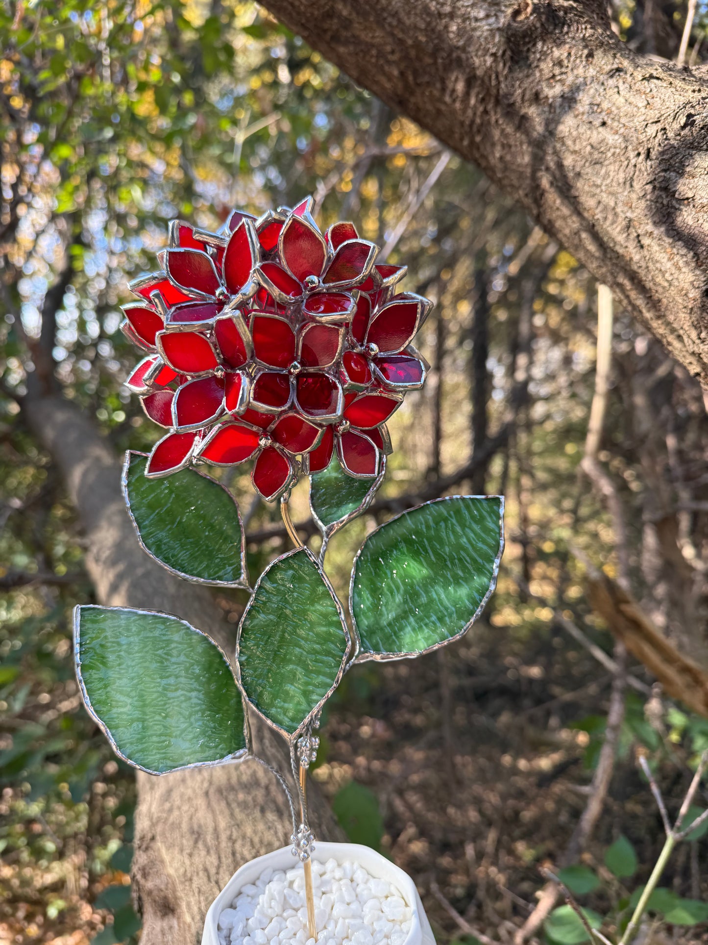 " . CHOOSE COLOR Hydrangea with pot”, Stained glass tropical flower 3D, Sun catcher, Table plant, Garden stick, Outdoor and gardening decor