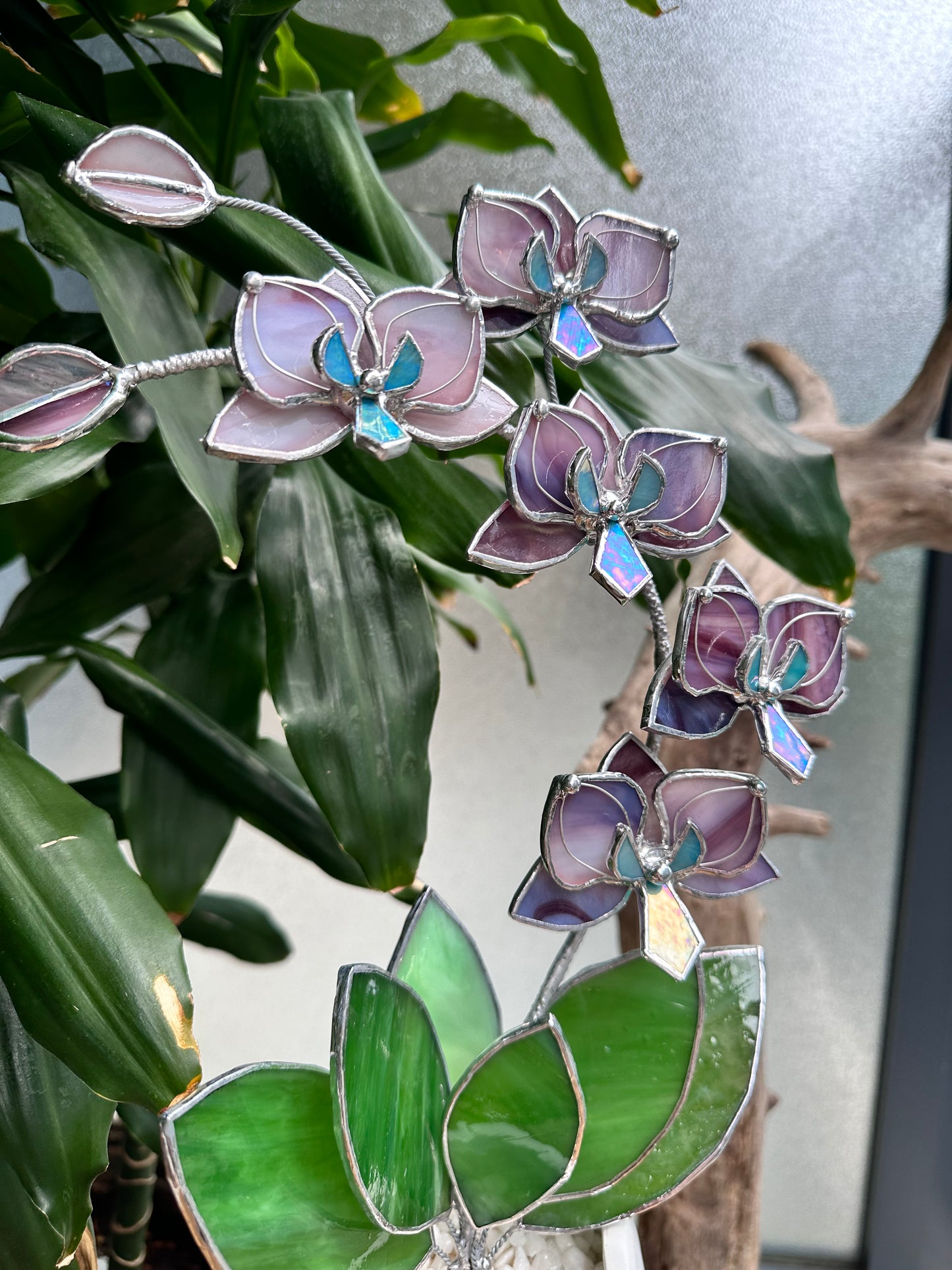 " . Dusty Rose translucent Orchid 5 flowers with pot" Stained glass tropical flower 3D, Sun catcher, Table plant, Garden stick, wedding decor, Christmas gift