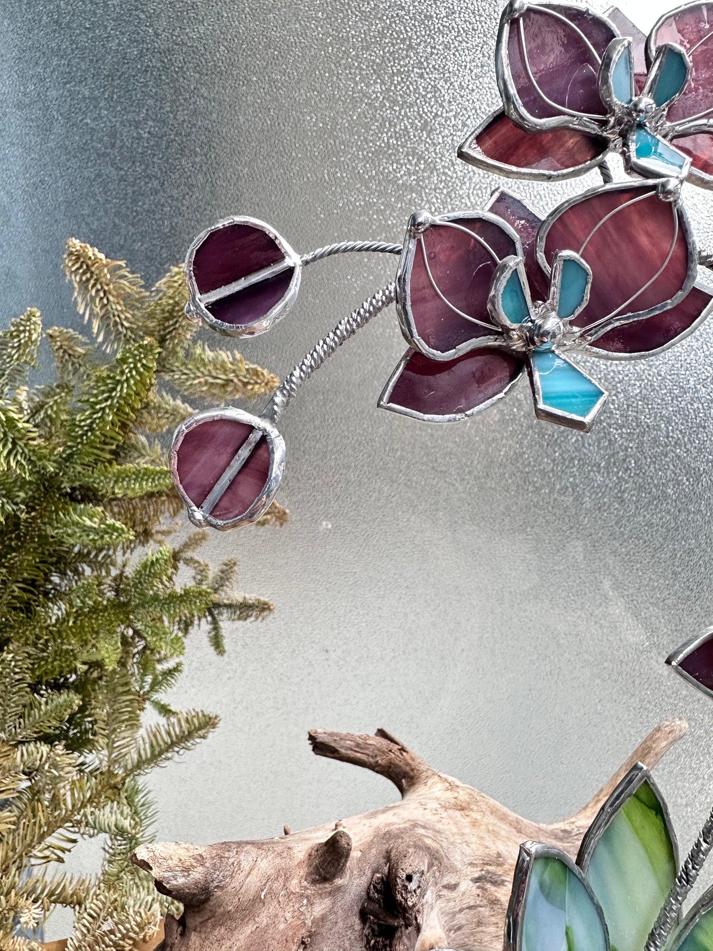 ". Stained glass Orchid Reach Elderberry with pot, 5 flowers, Suncatcher 3D, plant, Wedding Christmas Gift Outdoor and gardening decor