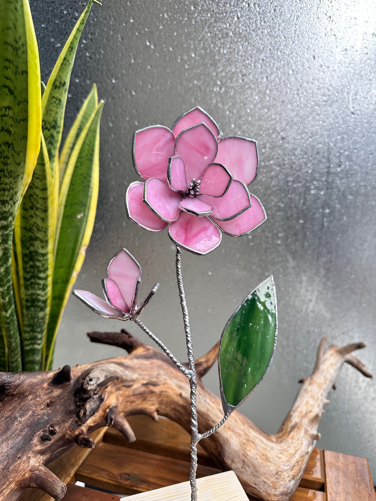 " . Pink Magnolia with a bud" Stained glass tropical flower Suncatcher Iridescent 3D, Table plant cactus decor, Home Garden stake, Mother’s Day gift, Outdoor and gardening, pot