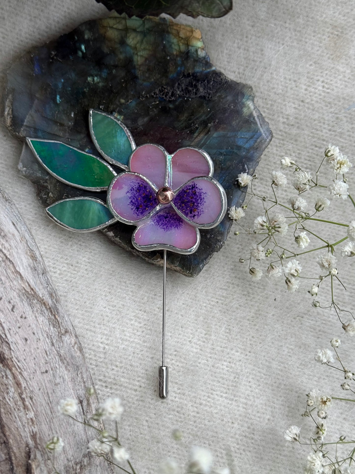Pansy Brooch Statement Stained Glass Floral Pin, Modern Art Jewelry