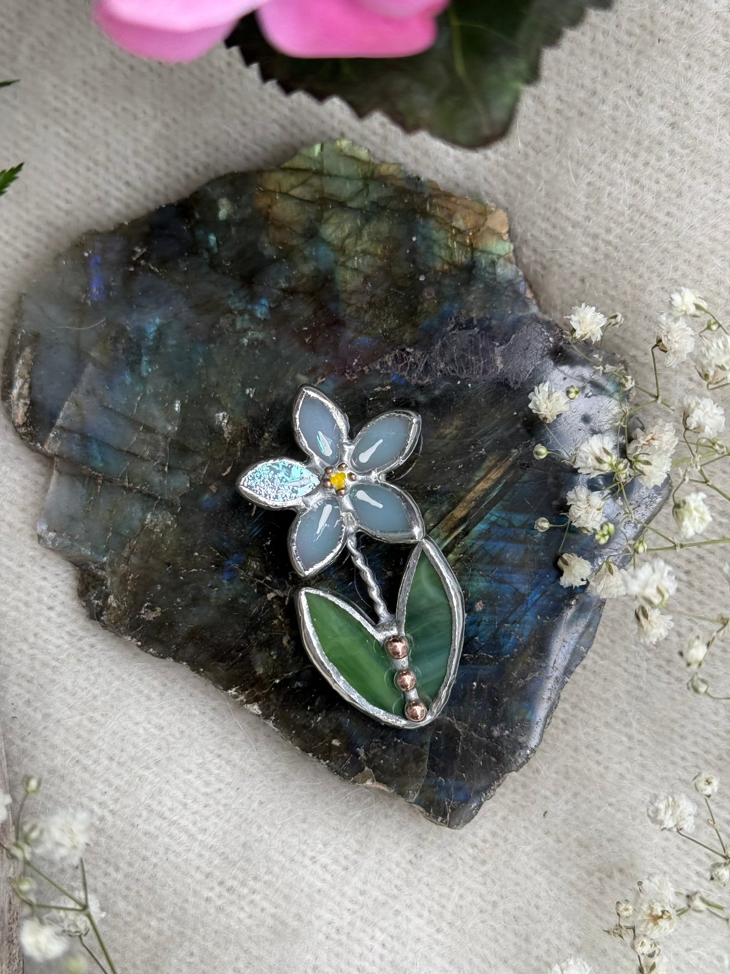 Forget me not Blue Brooch Stained Glass Flower Pin, Modern Art Jewelry statement ready