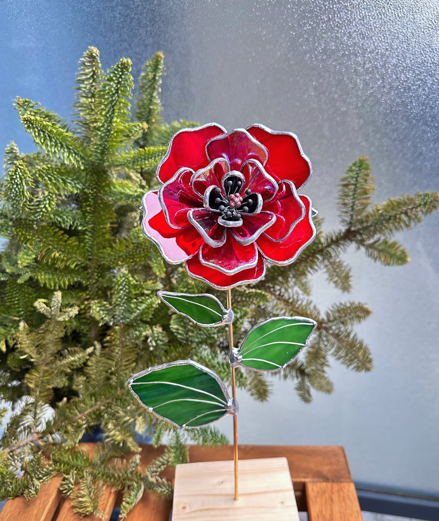 " . Beautiful Red Peony Iridescent", Stained glass tropical flower 3D, Sun catcher, Table plant decor, Garden stake, wedding decor, Christmas gift poppy