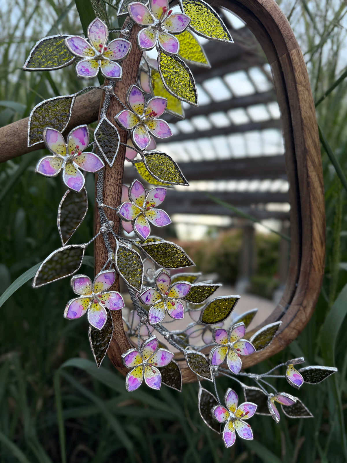 Hand Painted Tropical Flower Stained glass Flower Mirror, 3D Botanical Floral Wall Art ready new