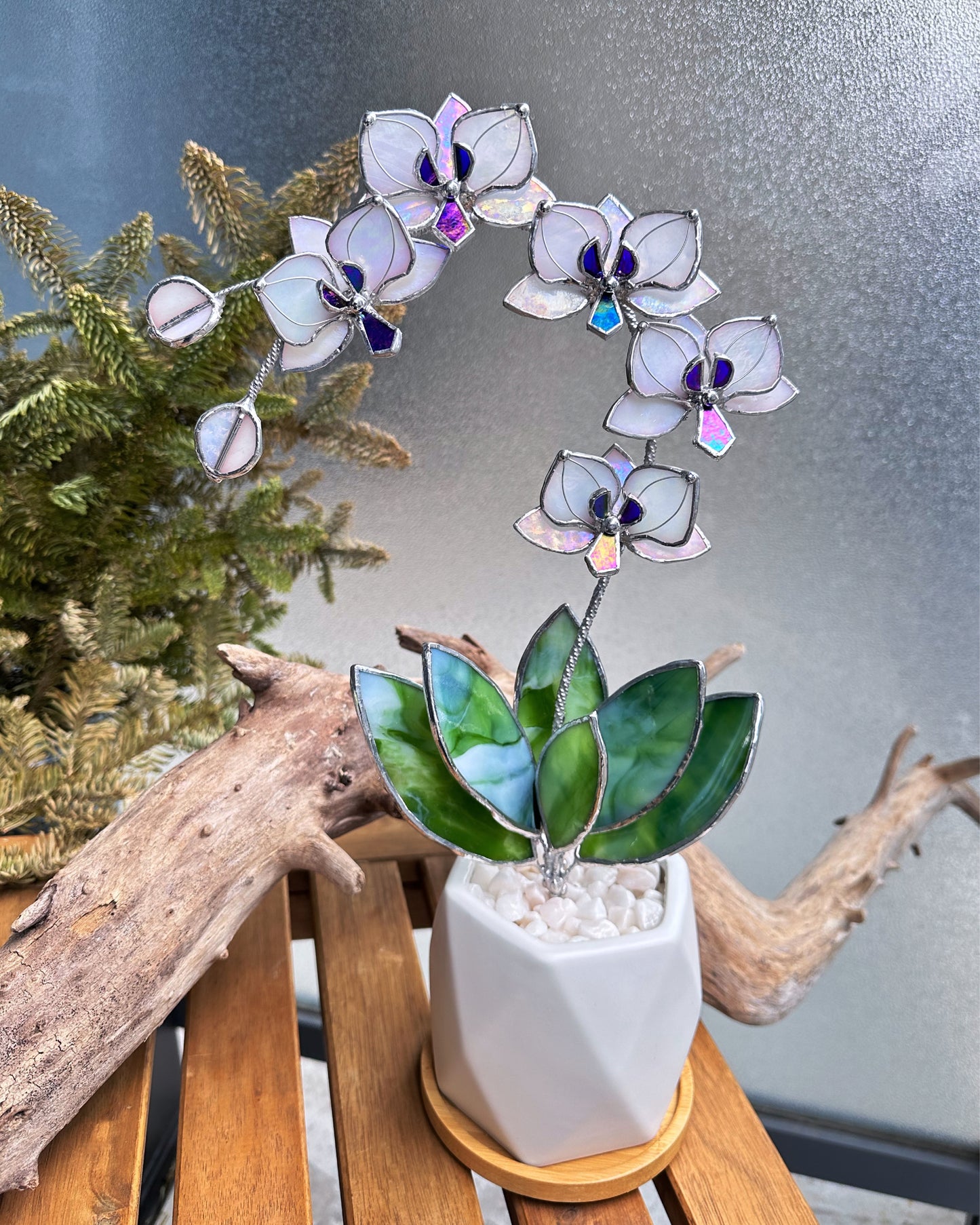 " . Orchid White Pearl iridescent 5 flowers with pot” Stained glass tropical flower 3D, Sun catcher, Table plant decor, Garden stick, Outdoor and gardening decor