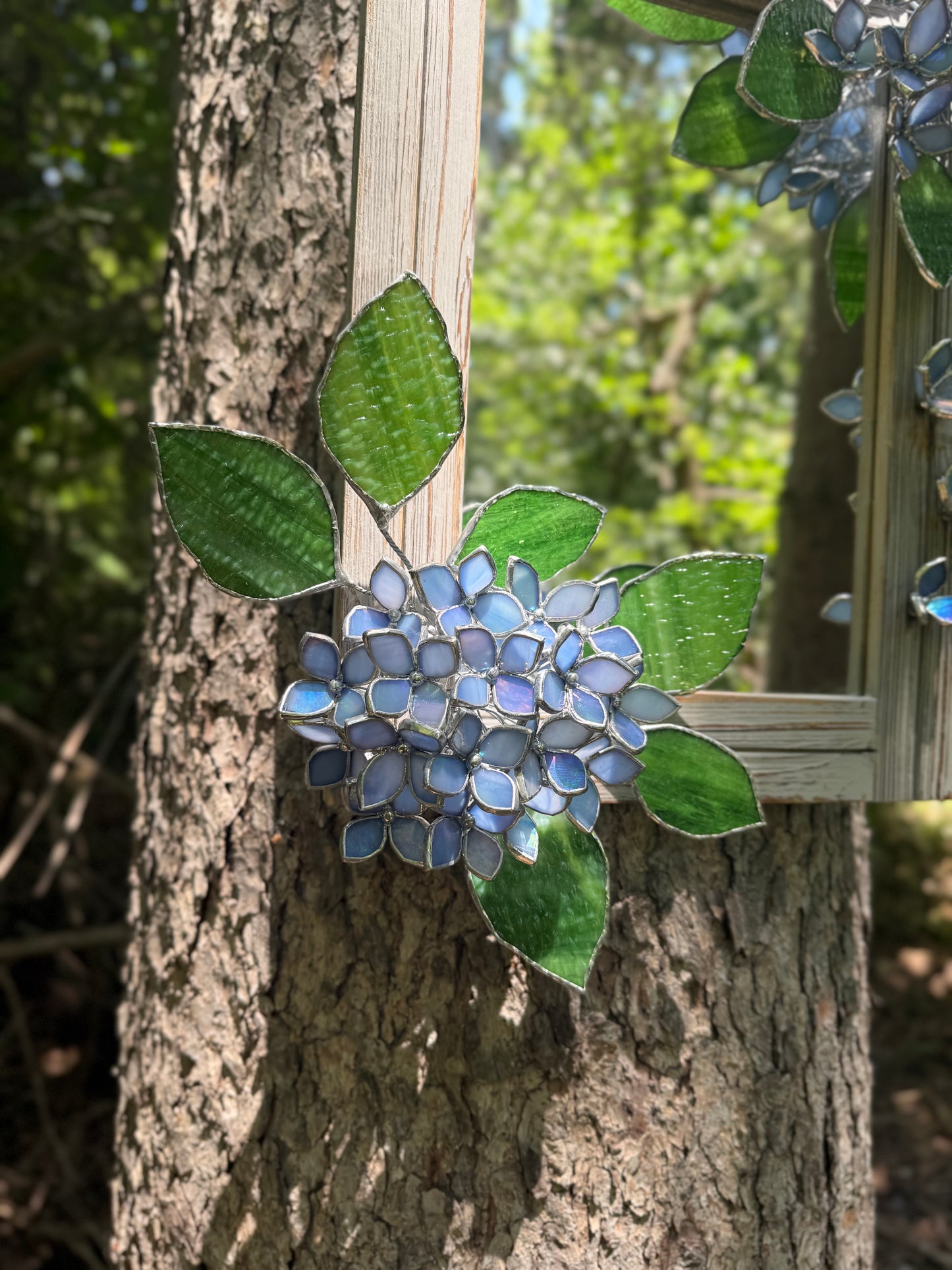 " . Amethyst Blue lavender iridescent Hydrangea Flower Mirror, Stained glass Wedding Wall Decor, Christmas gift, Suncatcher