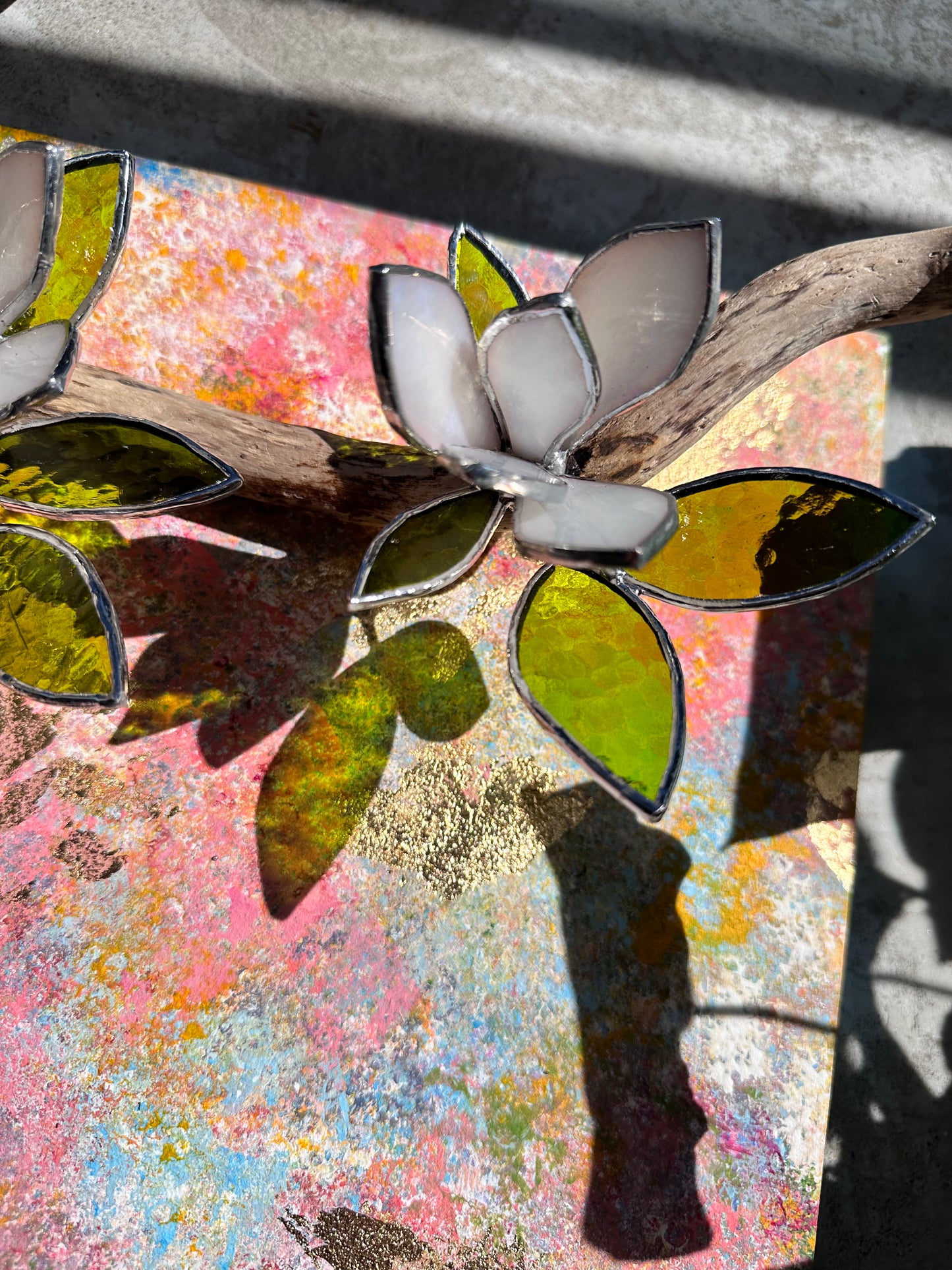 ". Acrylic painting ‘Spring Magnolia’ with stained glass 3D flowers, Wall decor, Wedding, Christmas gift