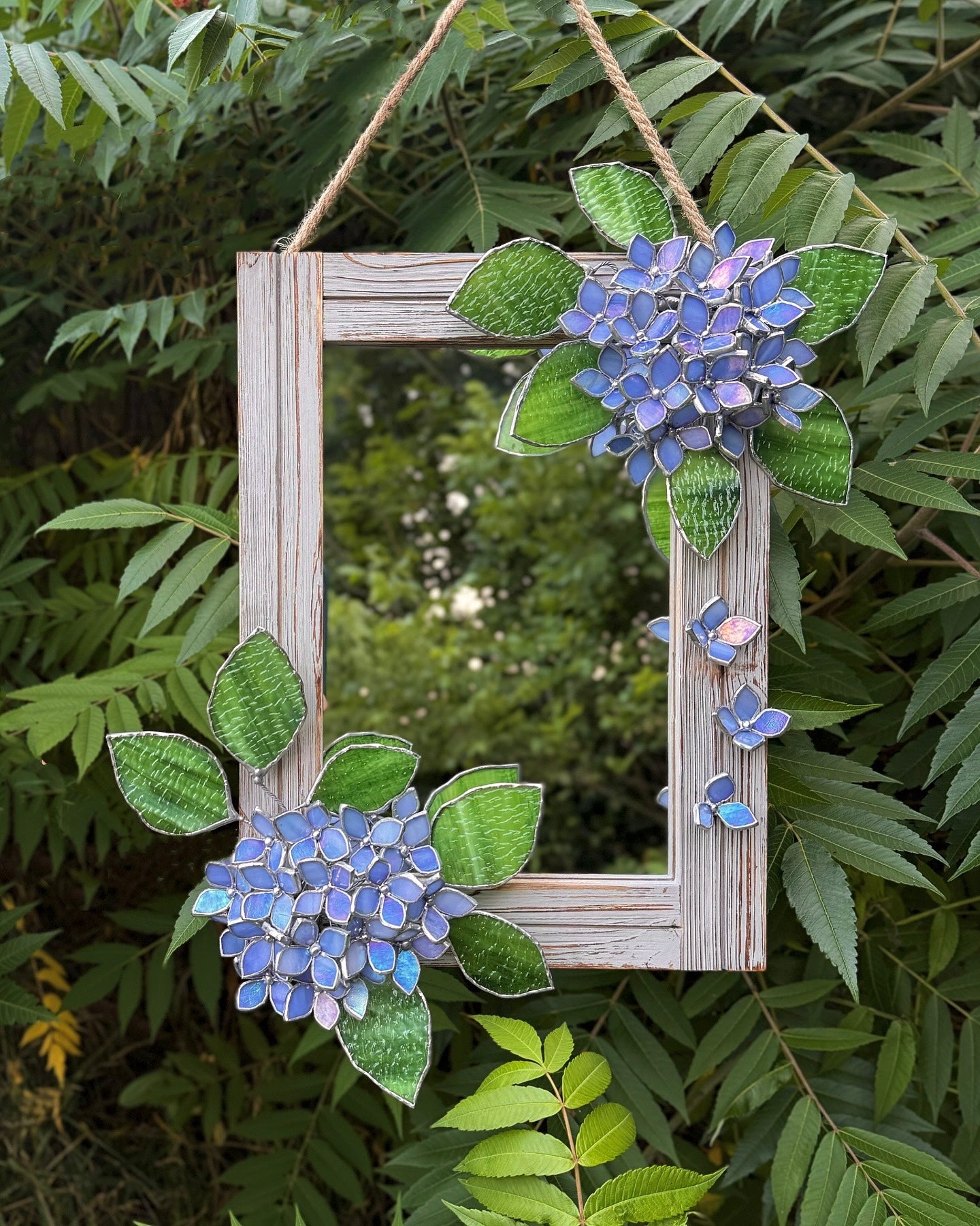 " . Amethyst Blue lavender iridescent Hydrangea Flower Mirror, Stained glass Wedding Wall Decor, Christmas gift, Suncatcher