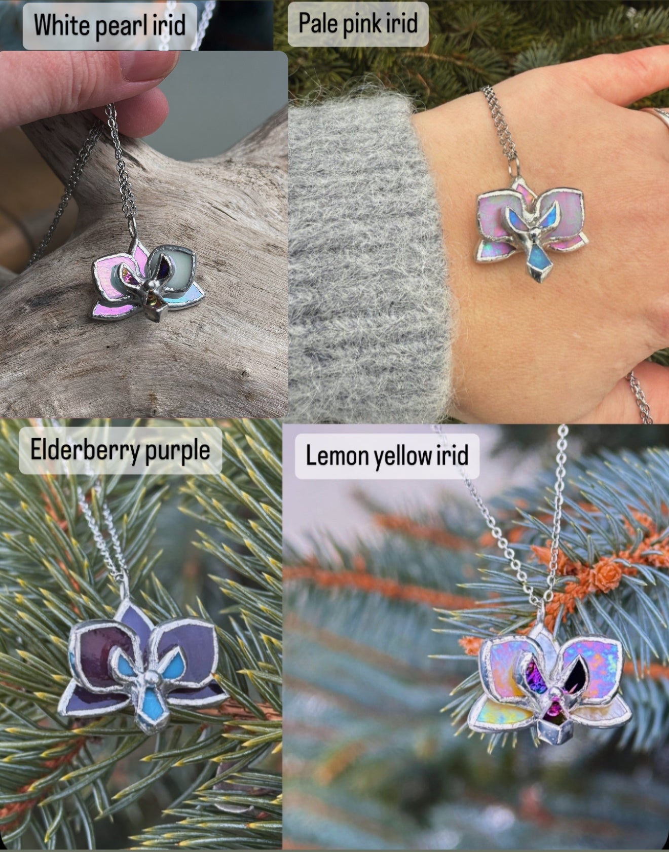 " . CHOOSE COLOR “NECKLACE OR BROOCH orchid flower with leaves” Stained glass tropical flower 3D, art jewelry