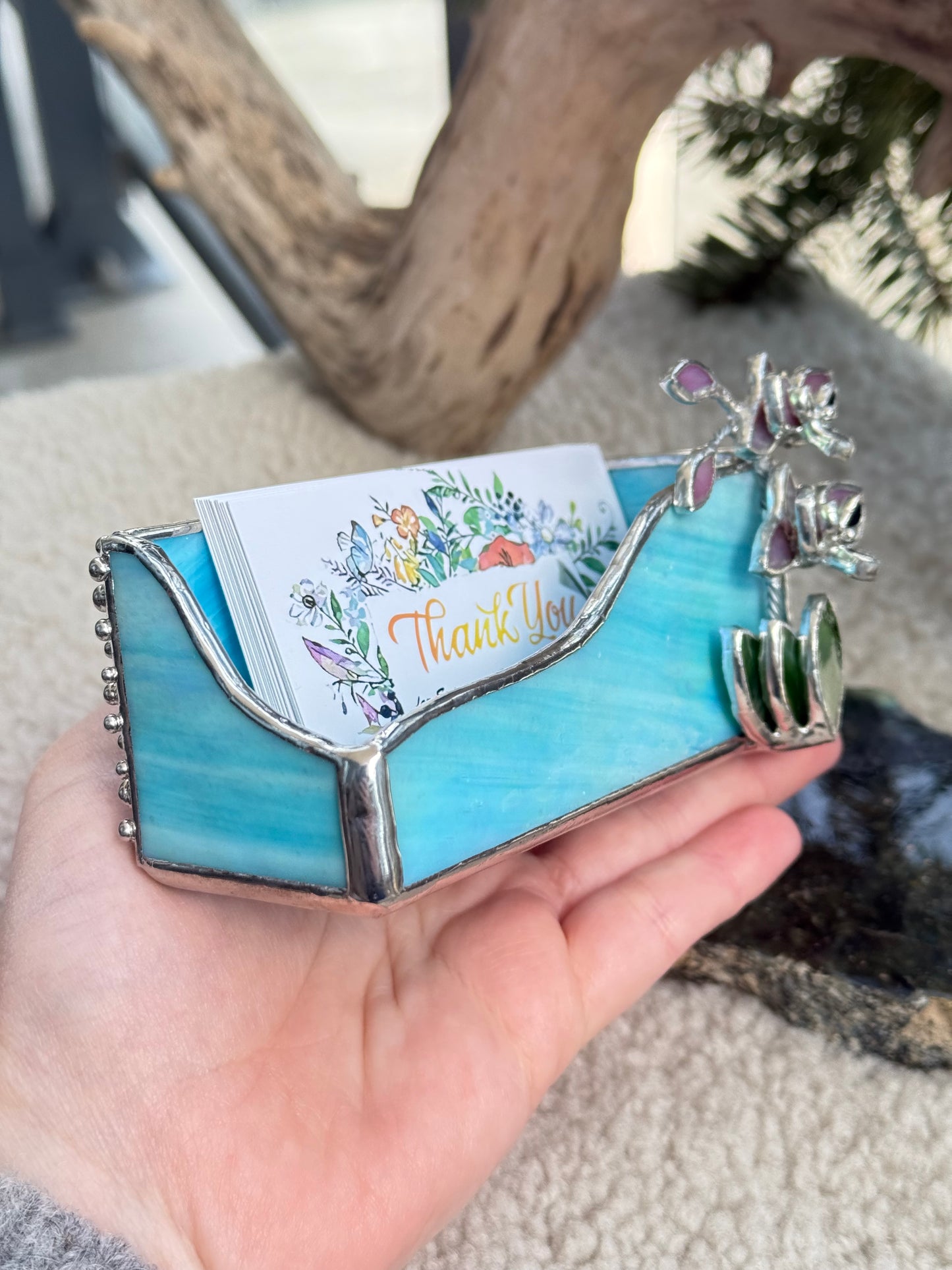 " . CHOOSE COLOR Business Card Holder with orchid”, stained glass art, floral decor, wedding decorations, interior, Mother’s Day gift