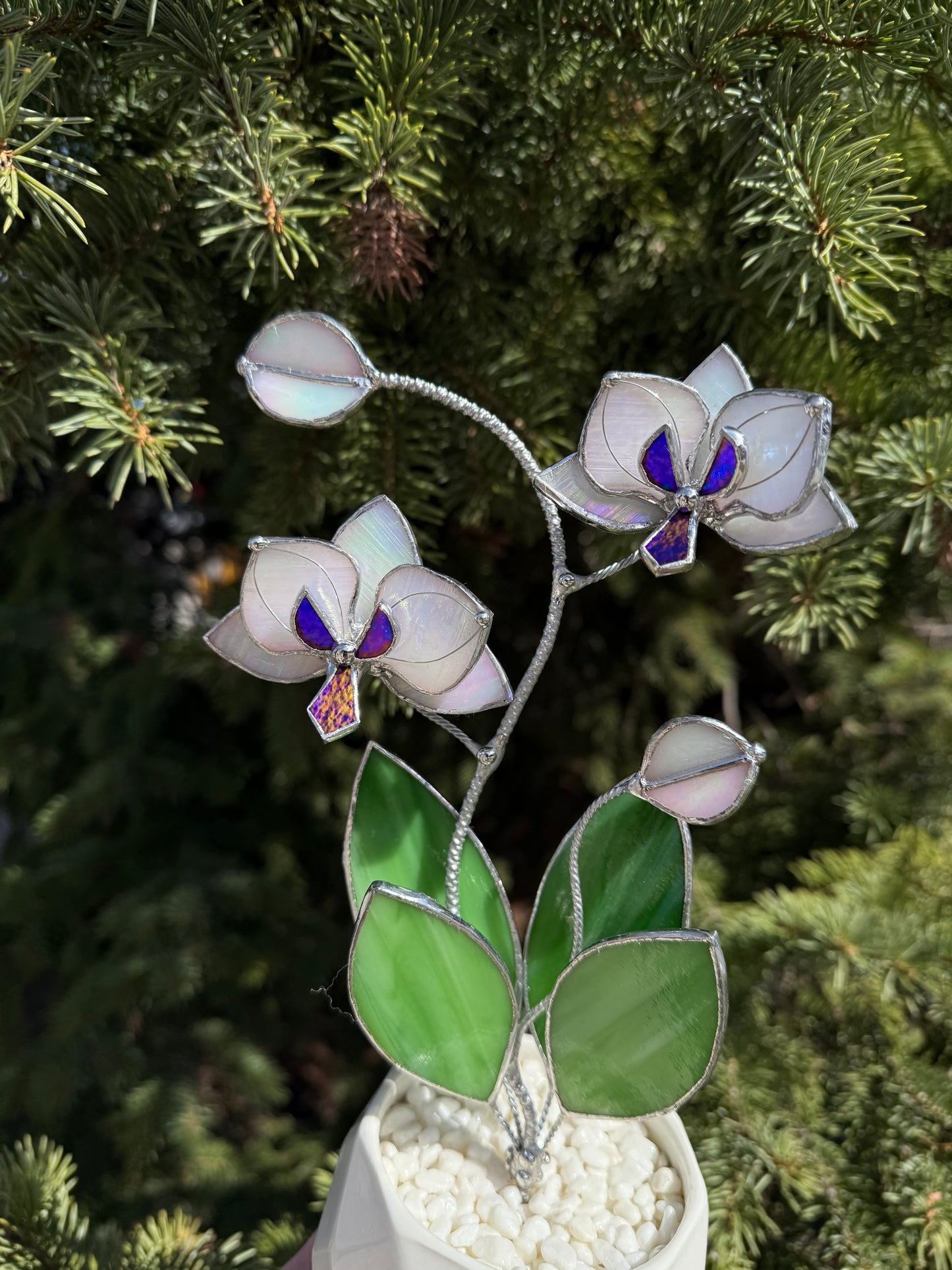 " . Orchid White Pearl iridescent, 2 flowers with pot” Stained glass tropical flower 3D, Sun catcher, Table plant decor, Garden stick, Outdoor and gardening decor