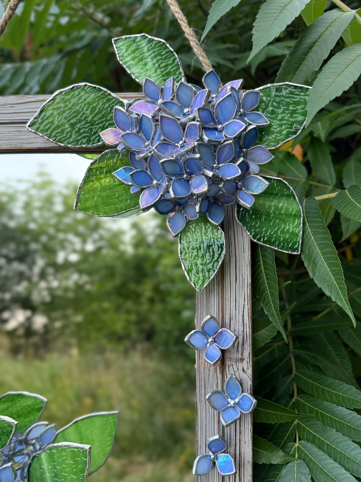 " . Amethyst Blue lavender iridescent Hydrangea Flower Mirror, Stained glass Wedding Wall Decor, Christmas gift, Suncatcher