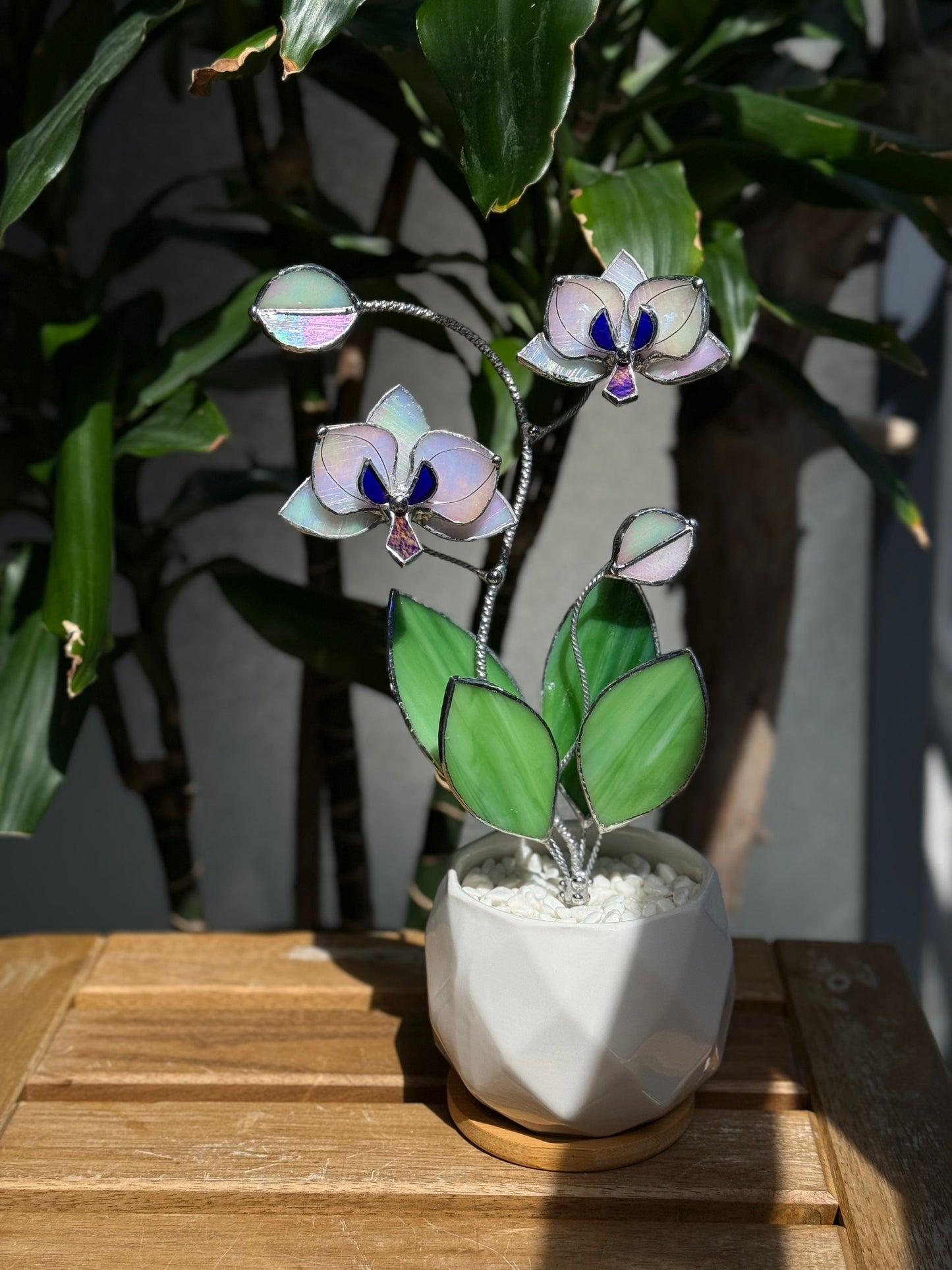 " . Orchid White Pearl iridescent, 2 flowers with pot” Stained glass tropical flower 3D, Sun catcher, Table plant decor, Garden stick, Outdoor and gardening decor