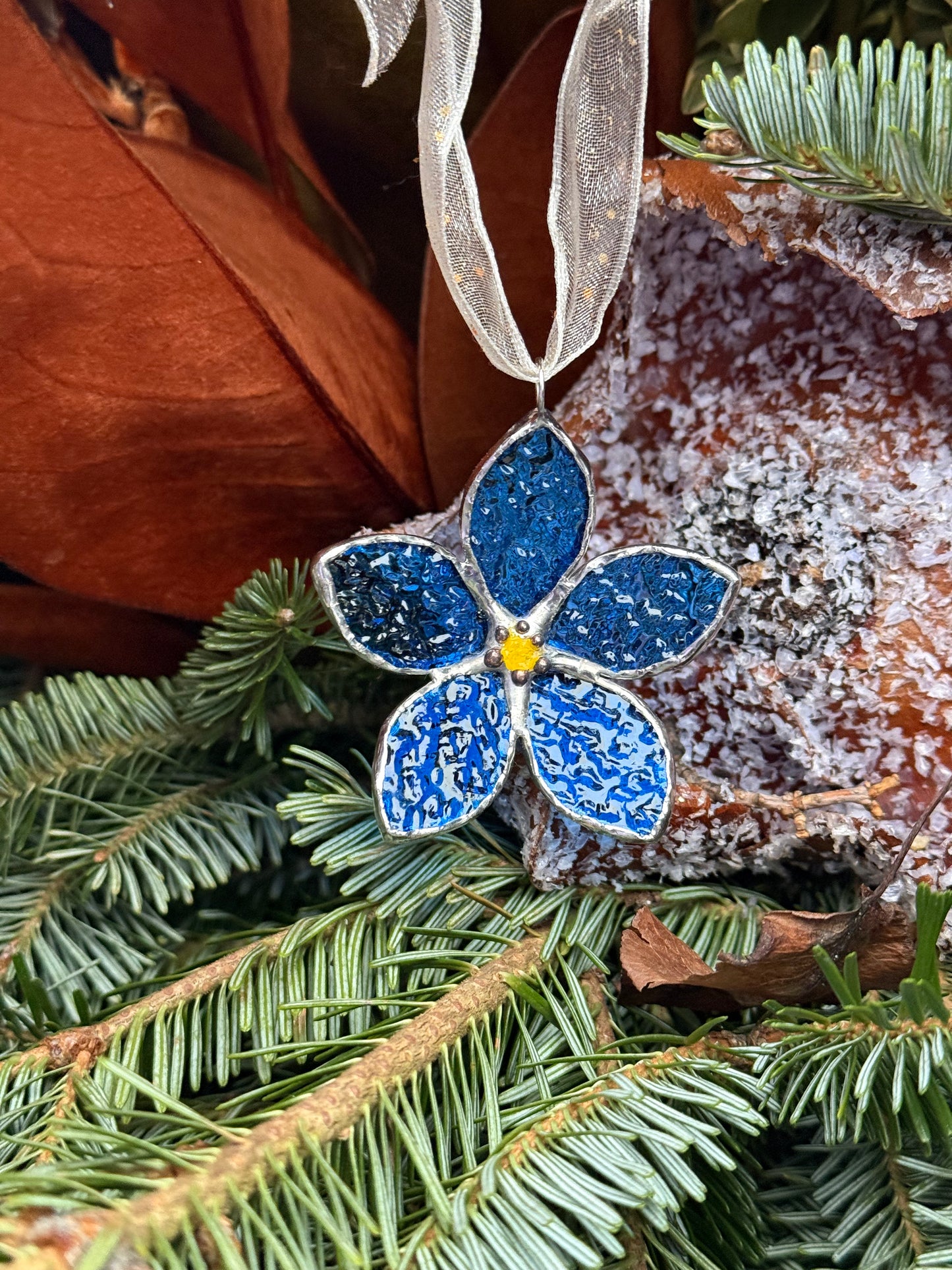 Forget Me Not Stained Glass Ornament Blue, Handmade Floral Suncatcher