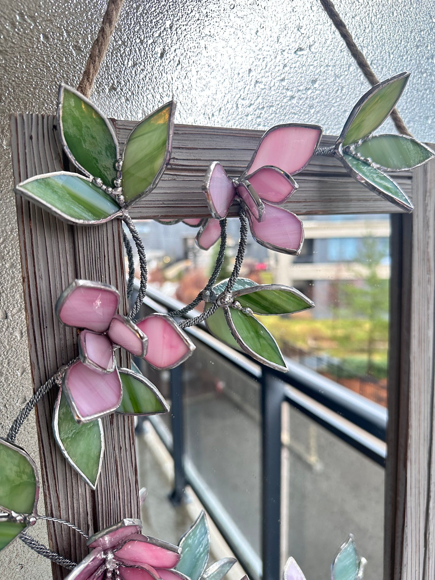 " .  Baby Pink Magnolia Flower Mirror, Stained glass Wedding Wall Decor Christmas gift, Suncatcher
