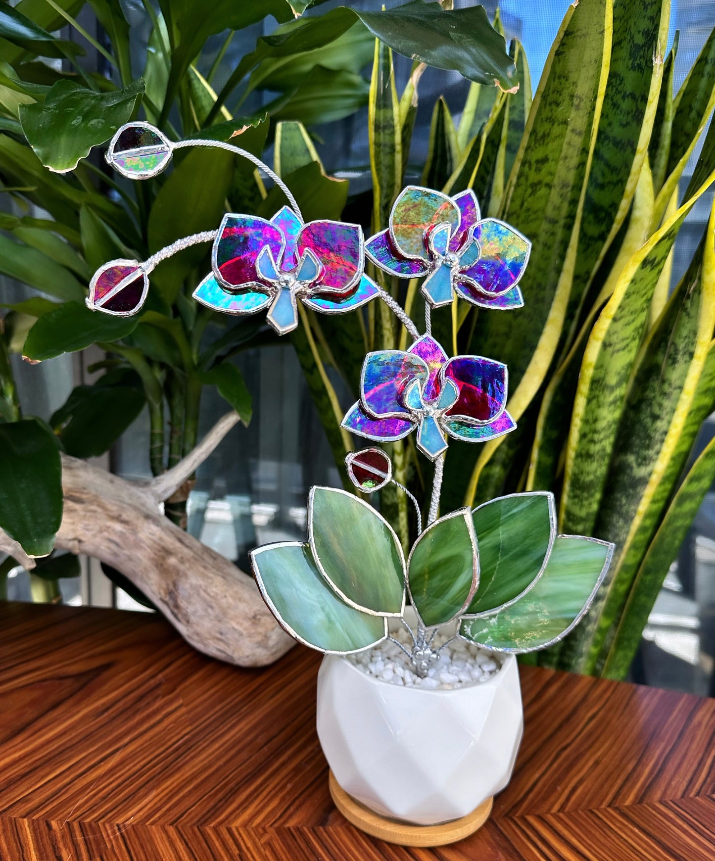 " . Red transparent iridescent Orchid 3 flowers with pot” Stained glass tropical flower 3D, Sun catcher, Table plant, Garden stick, Outdoor and gardening decor,