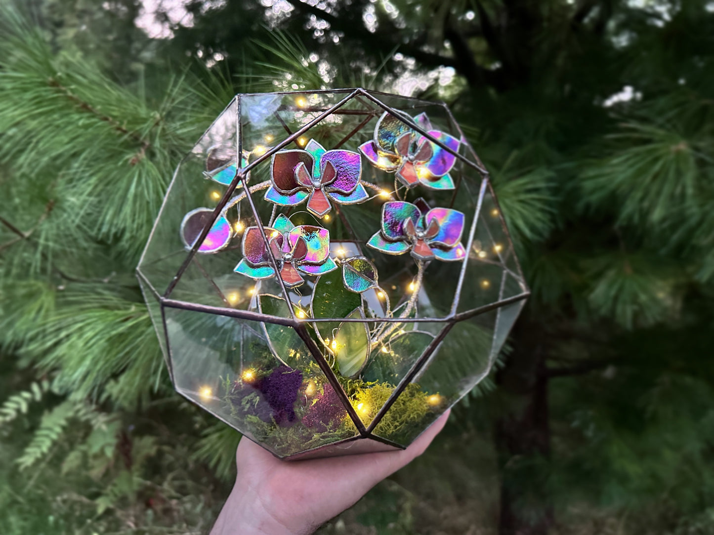 " . Geometric glass 3D terrarium Sphere with stained glass iridescent orchid. Wedding glass decor, Mother’s Day gift, glass art, suncatcher, succulents, cacti