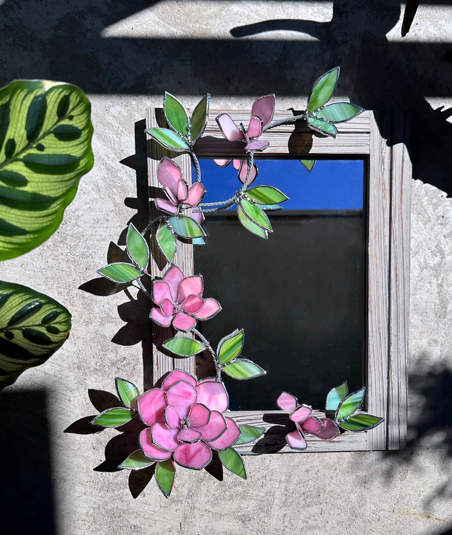 " .  Baby Pink Magnolia Flower Mirror, Stained glass Wedding Wall Decor Christmas gift, Suncatcher