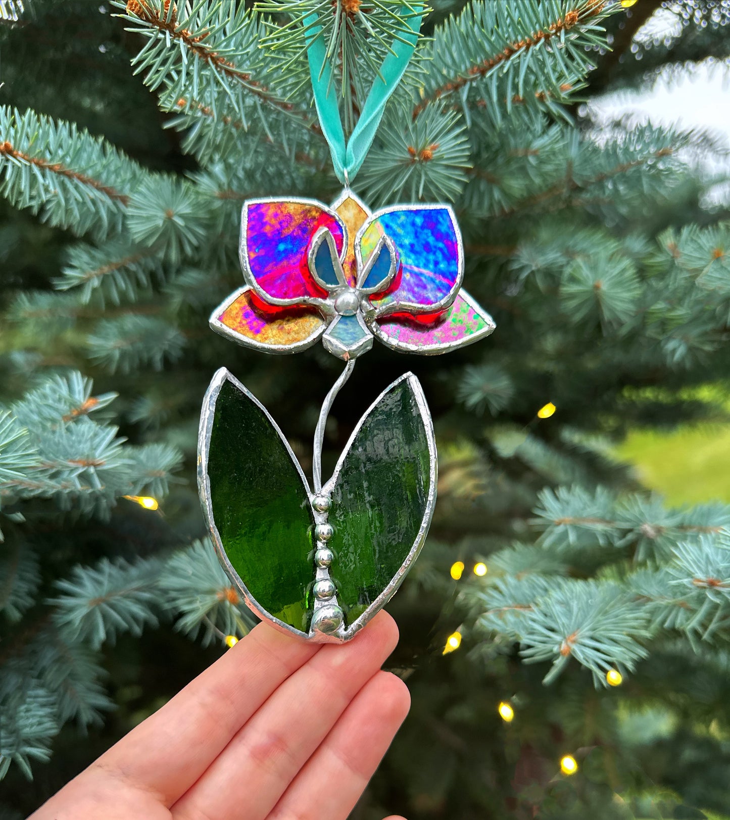 Christmas tree ornaments Orchid with leafs. Mix of 3, 5. Wall window decor, Stained glass Holiday decorations lights