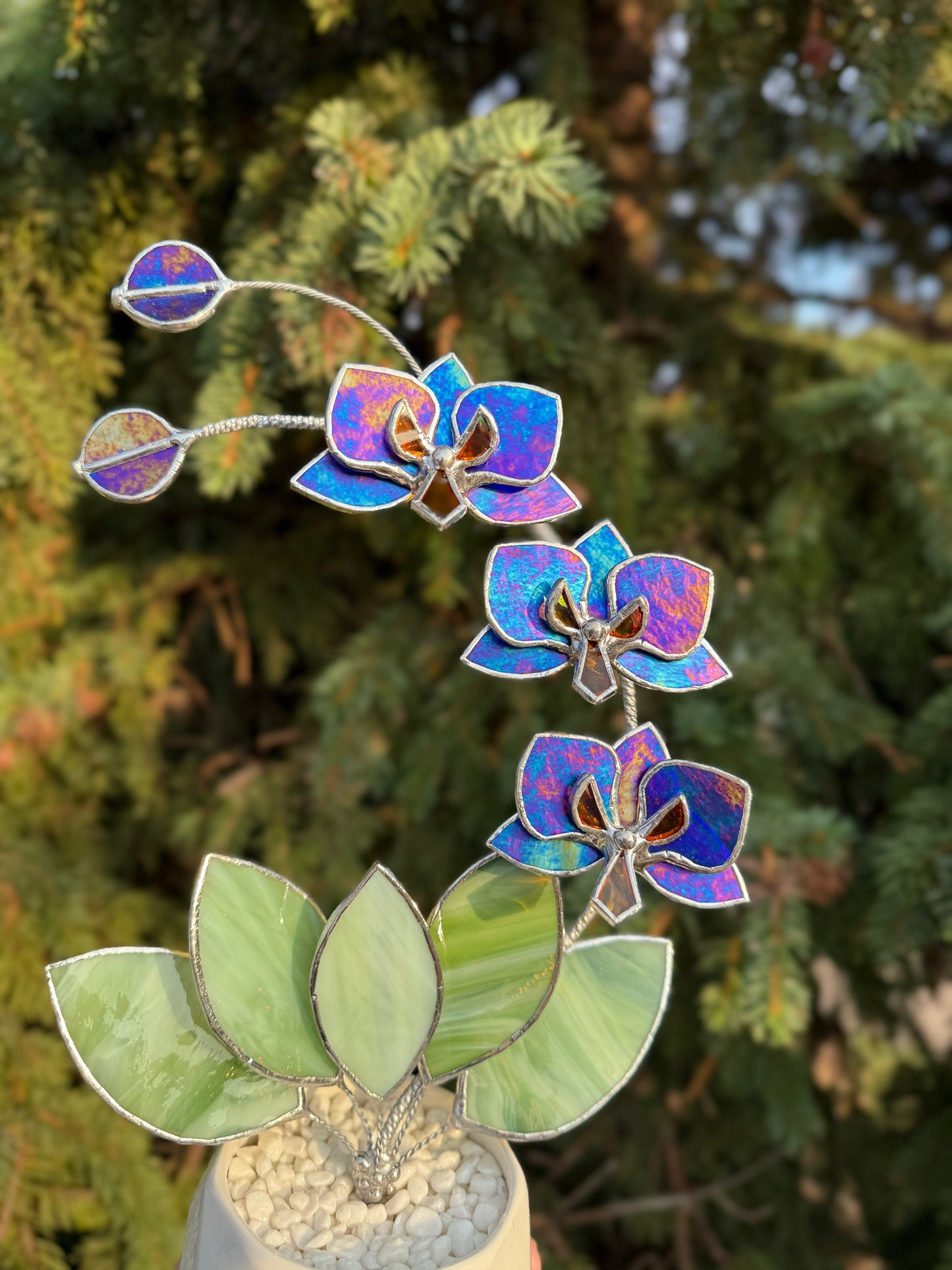 " . Indigo iridescent Orchid 3 flowers with pot ” Stained glass tropical flower 3D, Sun catcher, Table plant, Garden stick, Outdoor and gardening decor