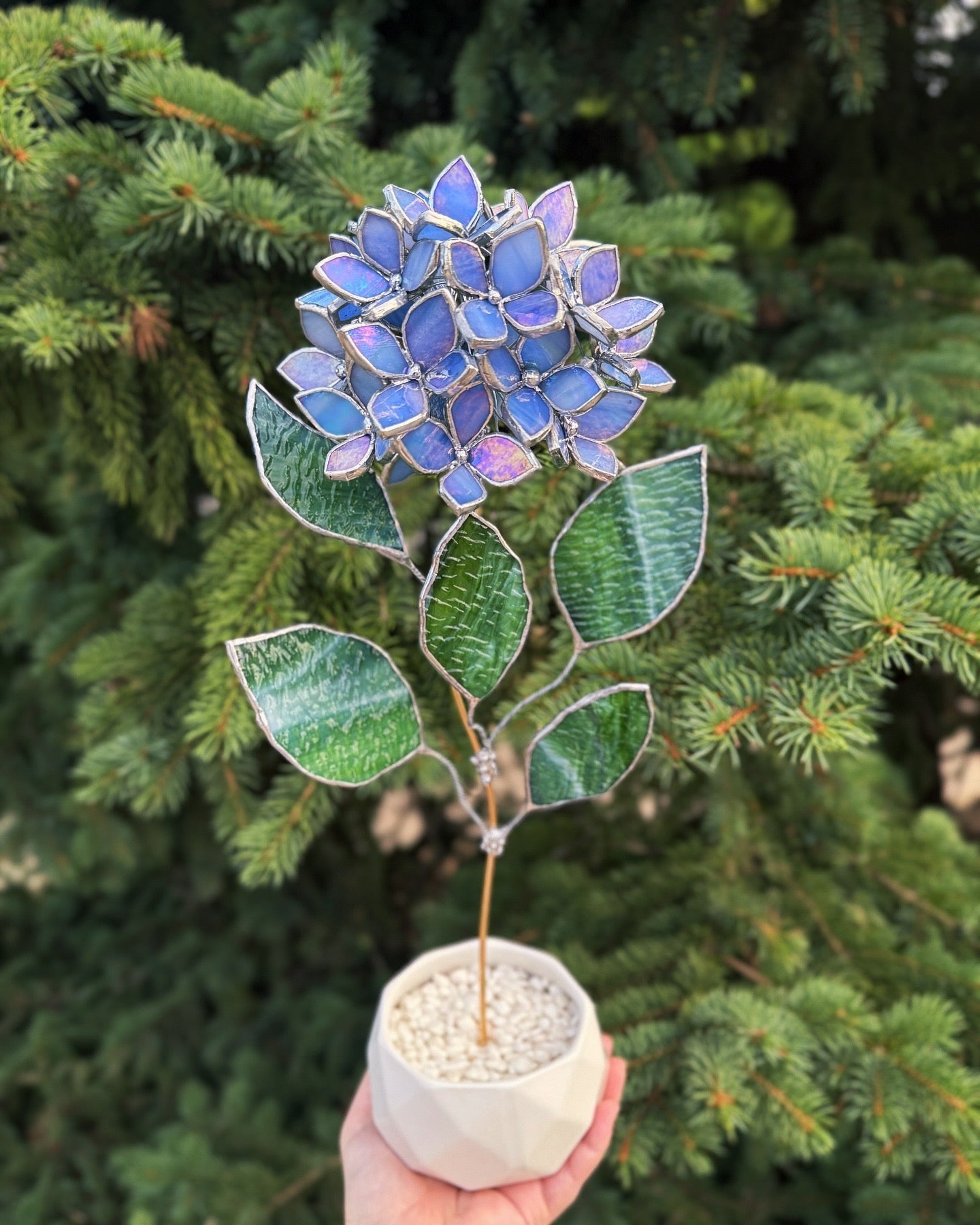 " . CHOOSE COLOR Hydrangea with pot”, Stained glass tropical flower 3D, Sun catcher, Table plant, Garden stick, Outdoor and gardening decor